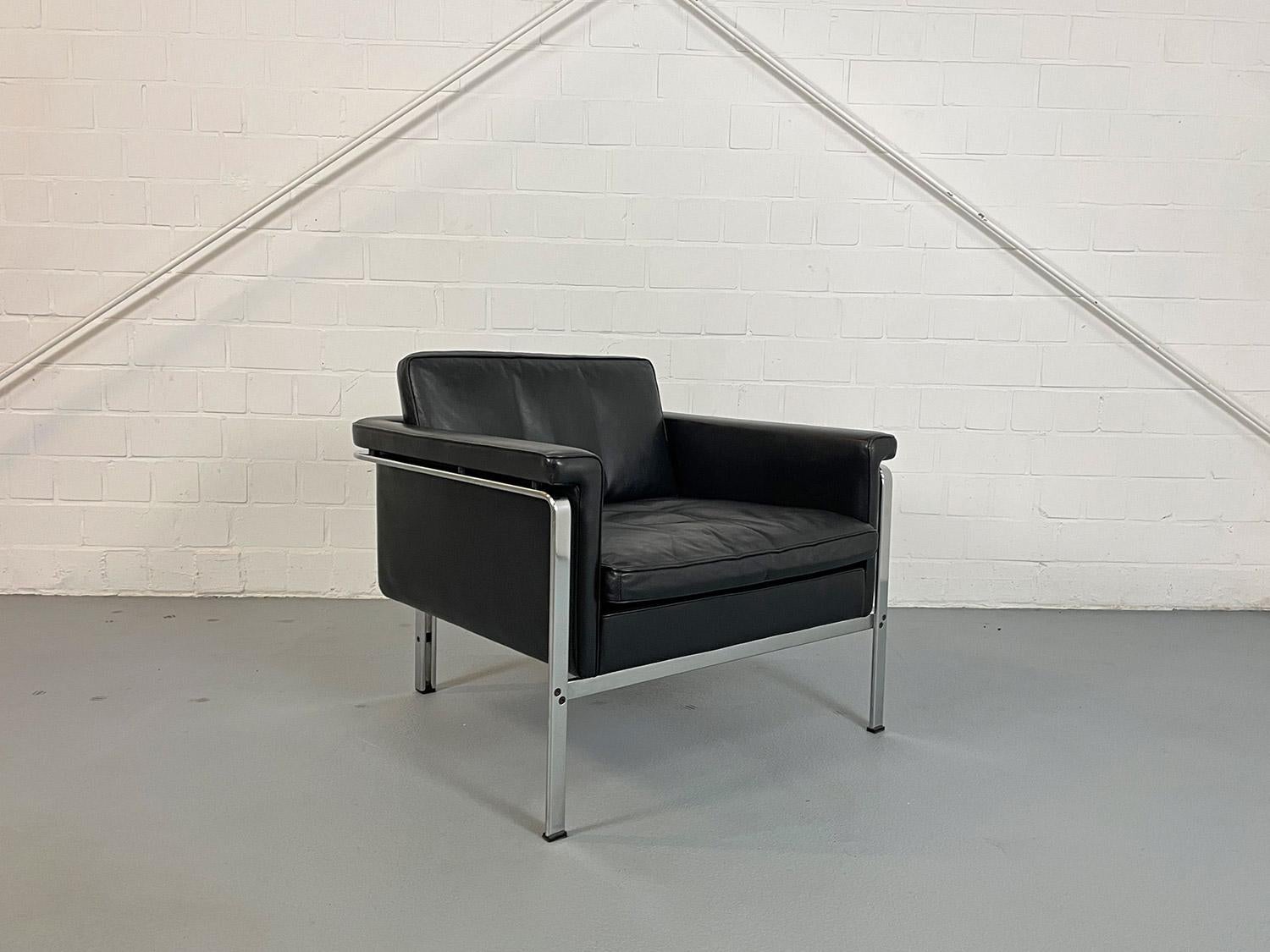 Horst Brüning for Kill International Black Leather and Chrome Armchair Lounge Ch 3