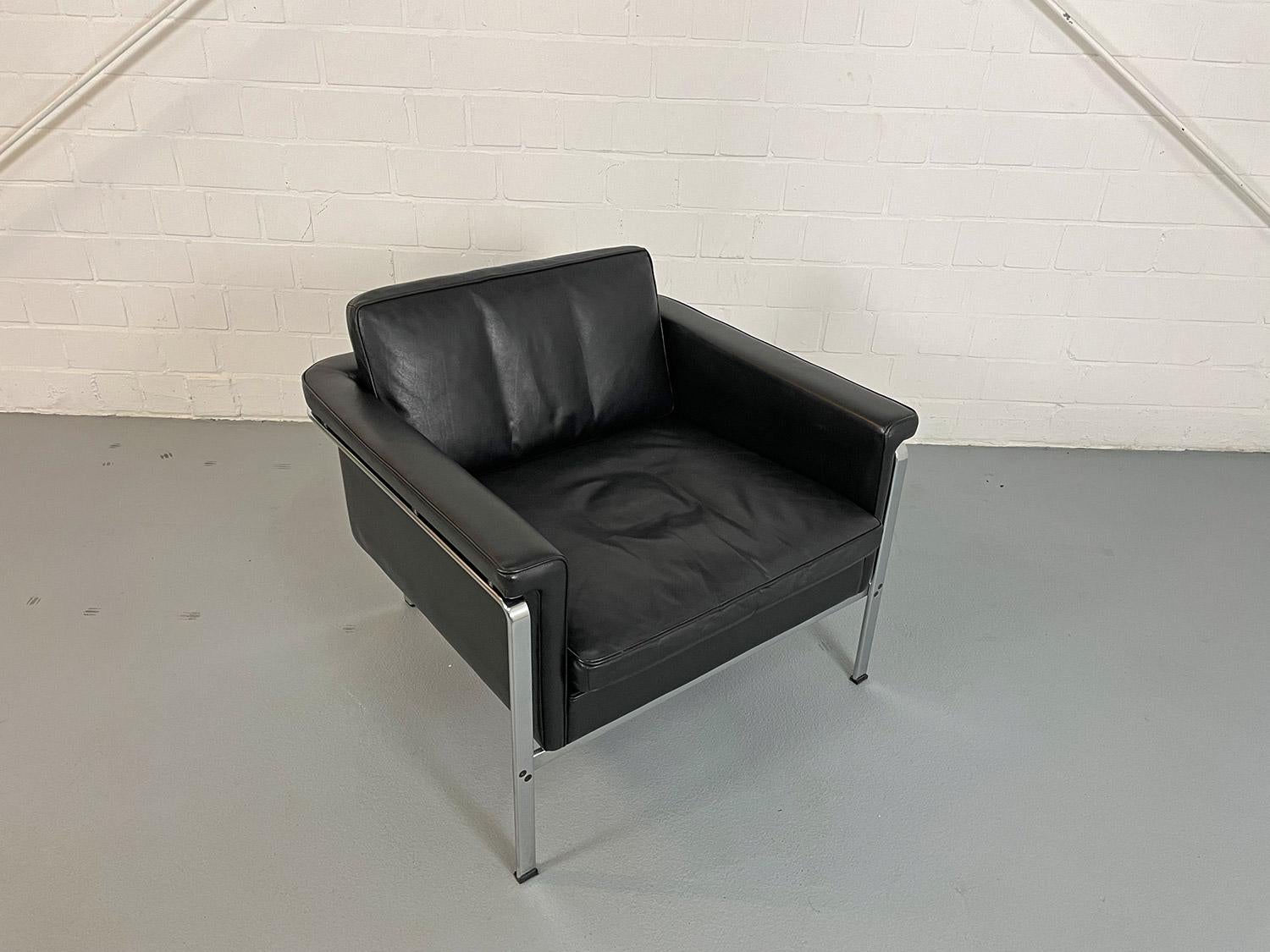 Horst Brüning for Kill International Black Leather and Chrome Armchair Lounge Ch 4