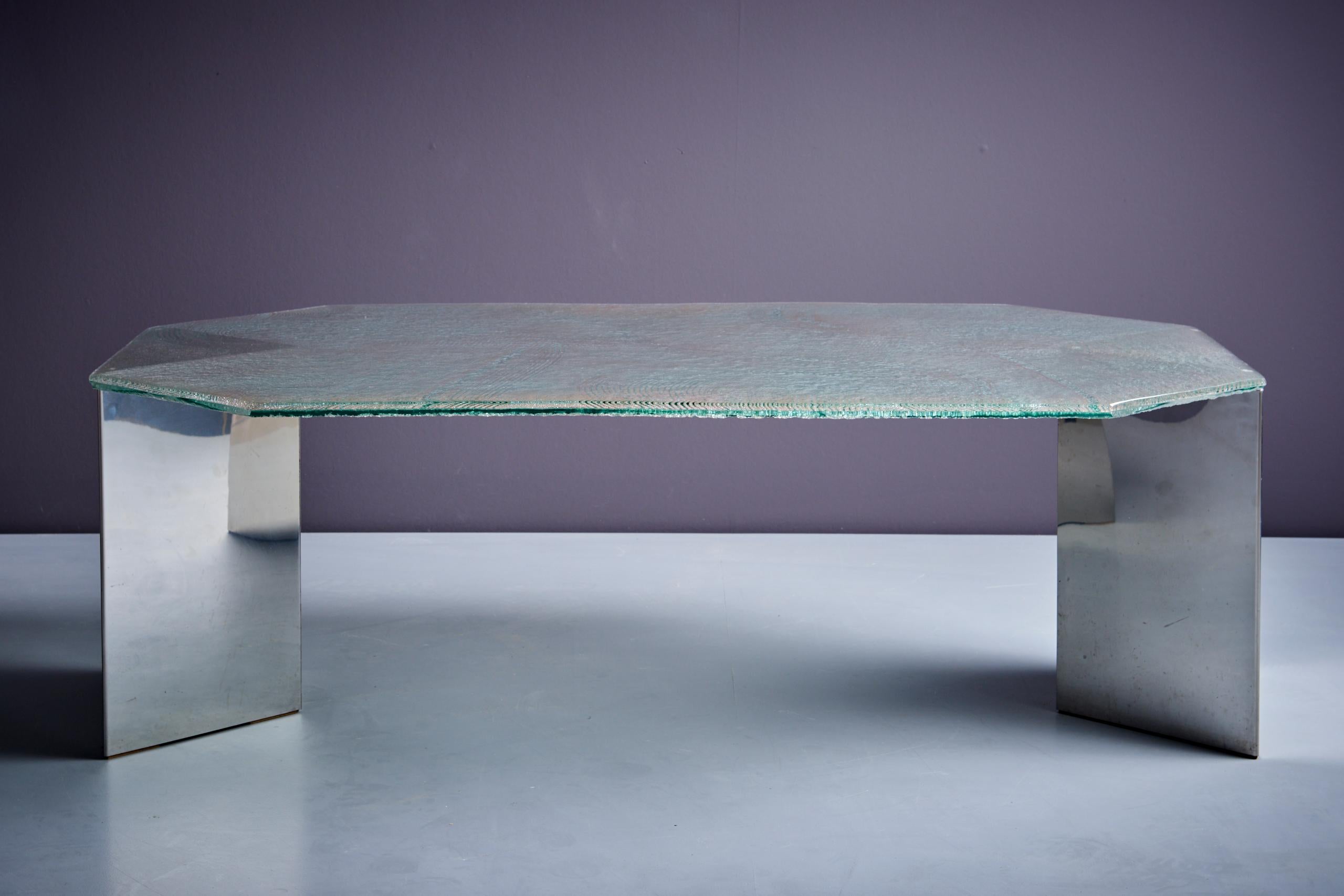 Horst Brüning SG281 Table basse avec base en acier inoxydable et beau plateau en verre en très bon état, Allemagne - 1972.