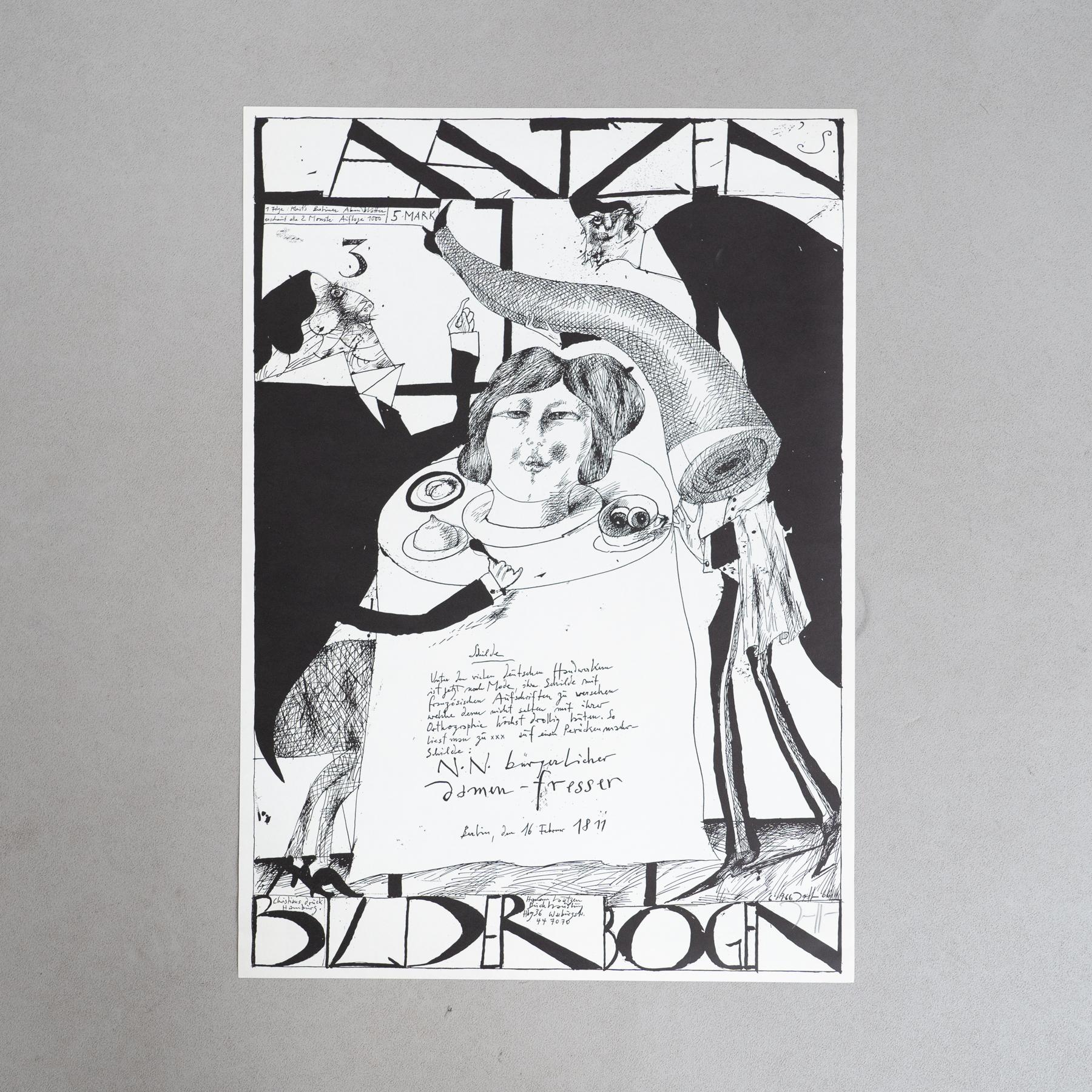 Dieser bemerkenswerte handsignierte Druck von Horst Janssen mit dem Titel Laatzener Bilderbogen zeigt ein eindrucksvolles surrealistisches Bild von Menschen beim Essen, das ganz in Schwarz-Weiß gehalten ist. Janssens unverwechselbare künstlerische