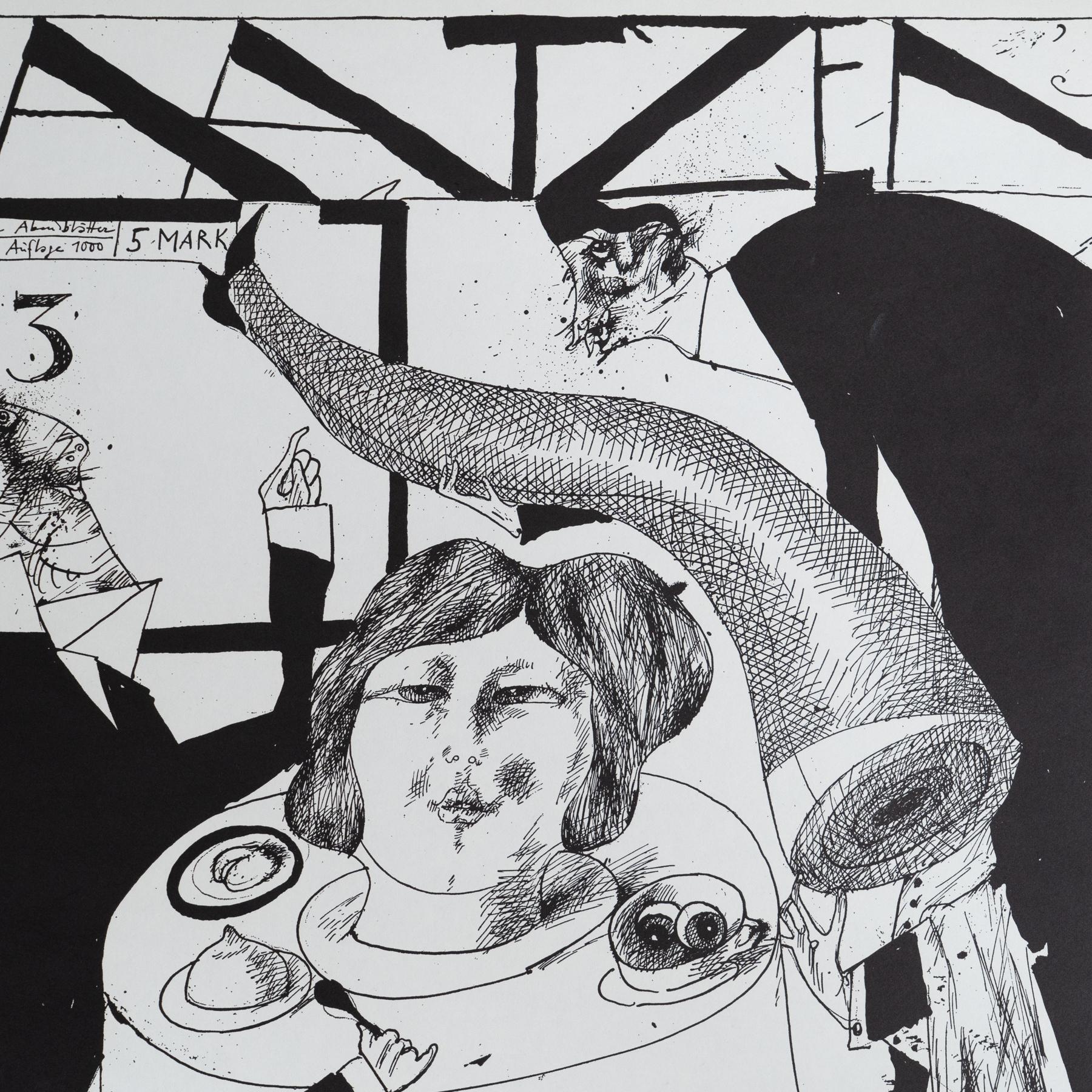 Horst Janssen Signierter Druck - Laatzener Bilderbogen, Surrealistische Schwarz-Weiß-Kunst (Deutsch) im Angebot