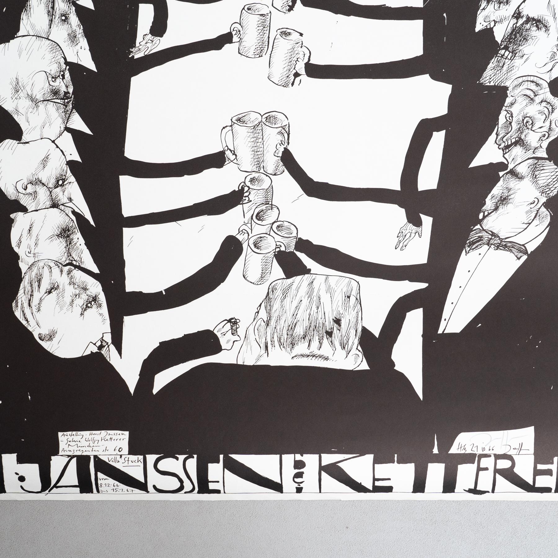 Horst Janssen Signierter Druck - Munchen, Surrealistische Schwarz-Weiß-Kunst (Moderne der Mitte des Jahrhunderts) im Angebot