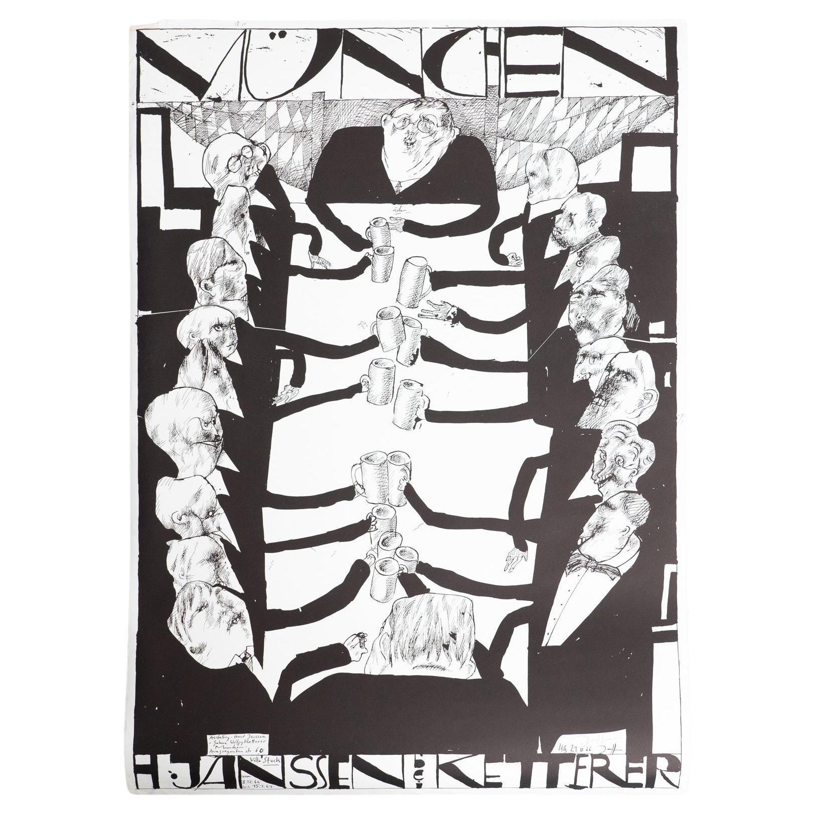 Horst Janssen Impresión firmada - Munchen, Arte surrealista en blanco y negro