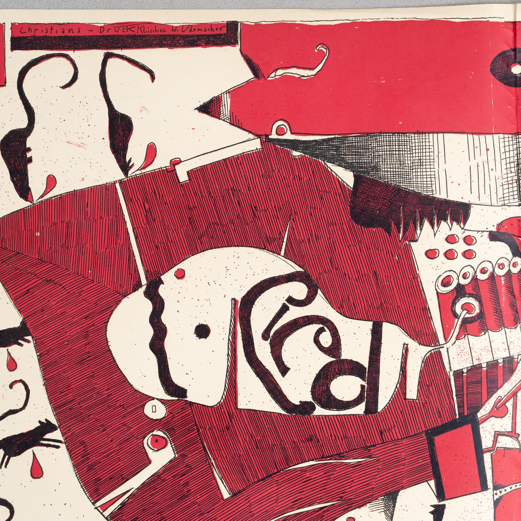 Lámina firmada por Horst Janssen - Llamativa obra de arte roja y negra de los años 60 Alemán en venta