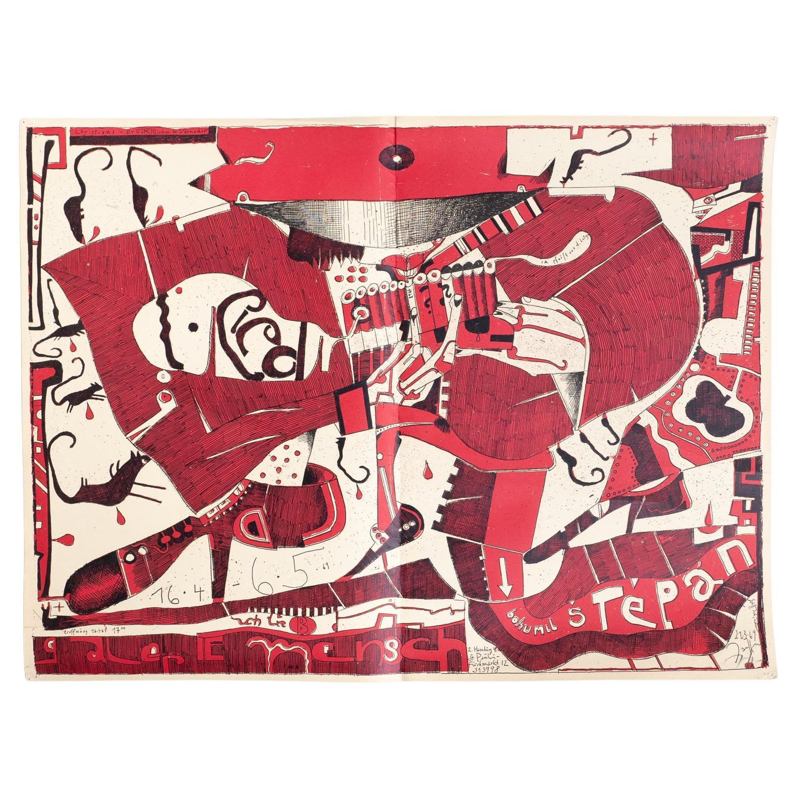 Lámina firmada por Horst Janssen - Llamativa obra de arte roja y negra de los años 60 en venta