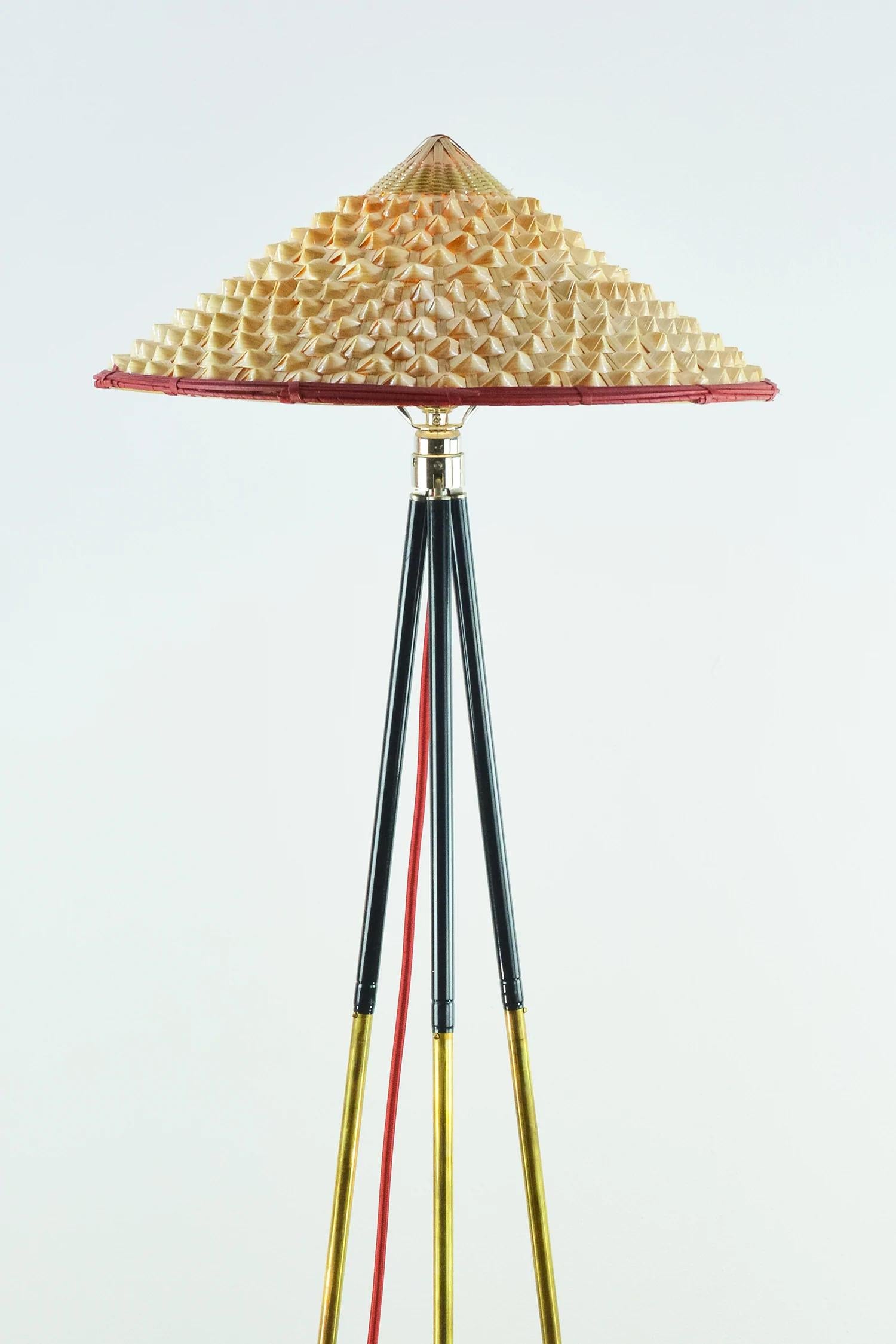 Art Deco 'Horst' Tripod Lamp in 2-Tone Brass with Red-Banded Shade by Christopher Tennant