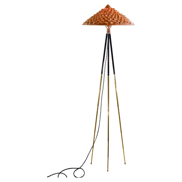 Horst tripod lamp in two-tone brass with woven shade, 2023