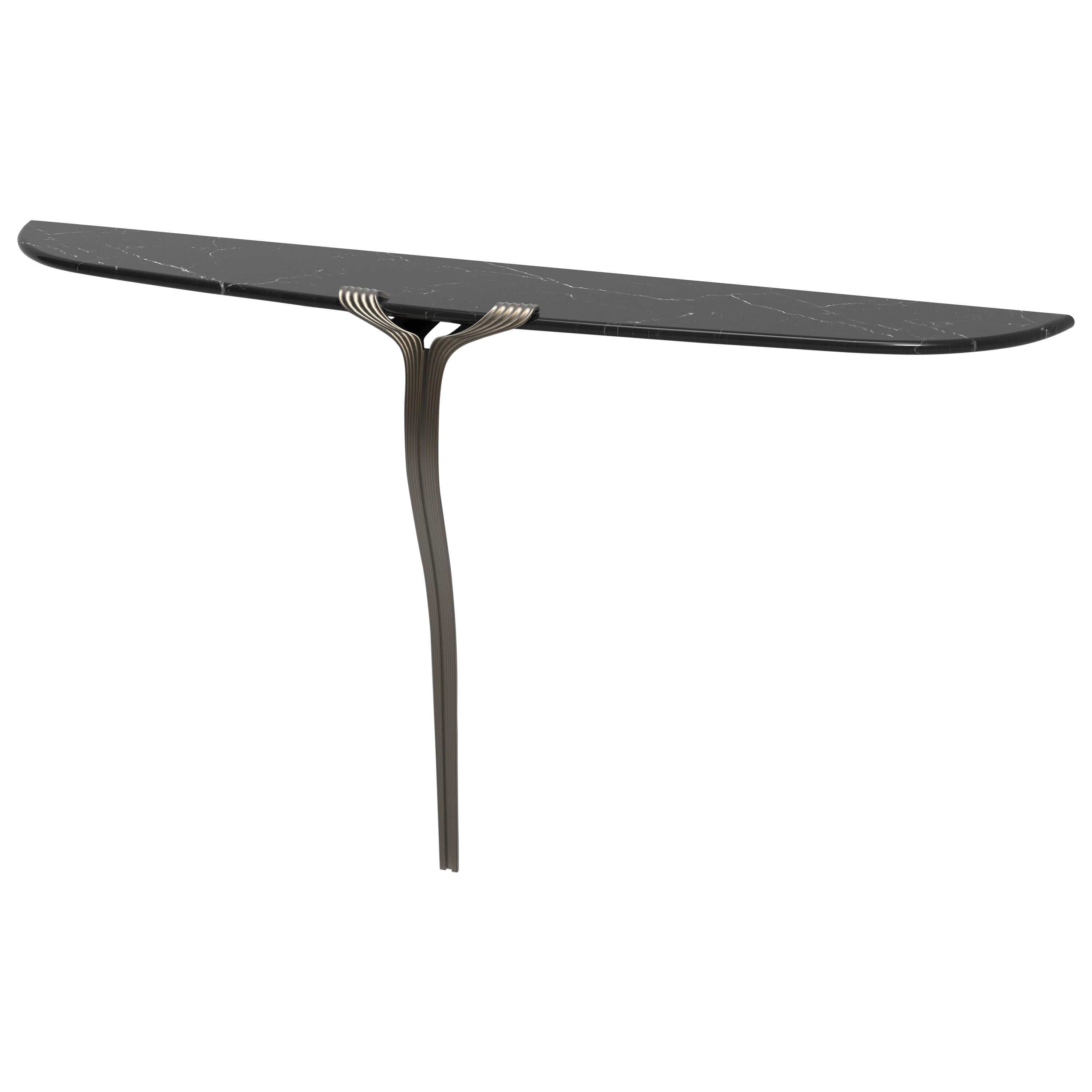 Horta Consle One Leg Contemporary Entry Table, a Nod to Art Deco, Marble, Bronze For Sale