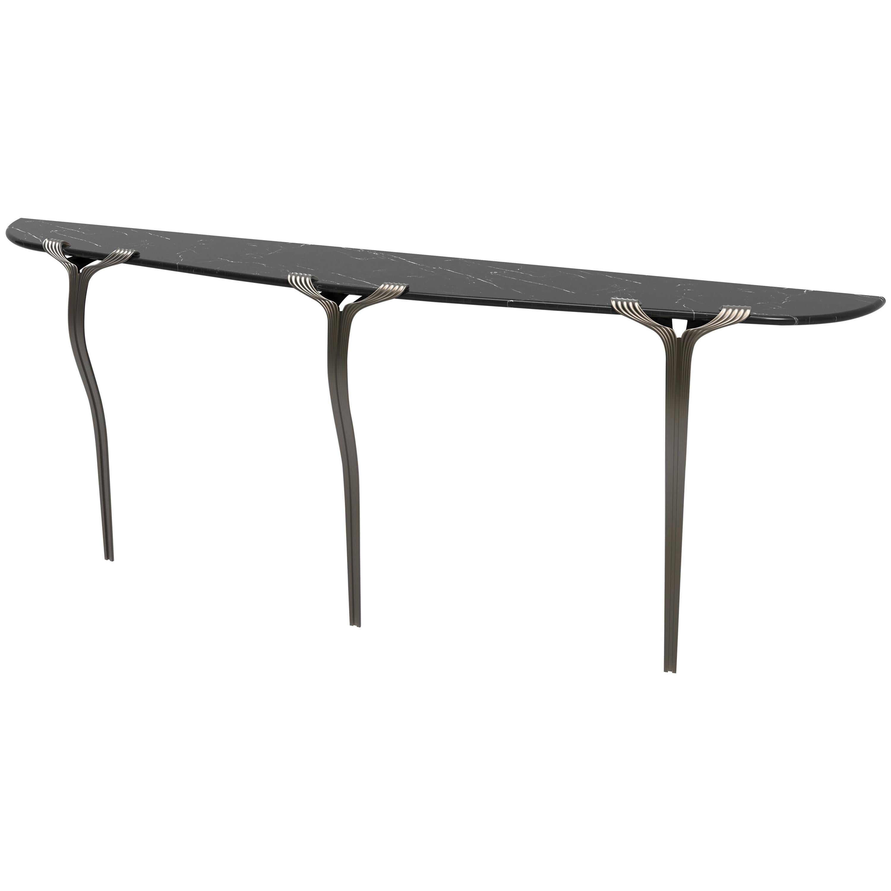 Horta Consle Three-Leg Contemporary Entry Table, a Nod to Art Deco Marble Bronze For Sale