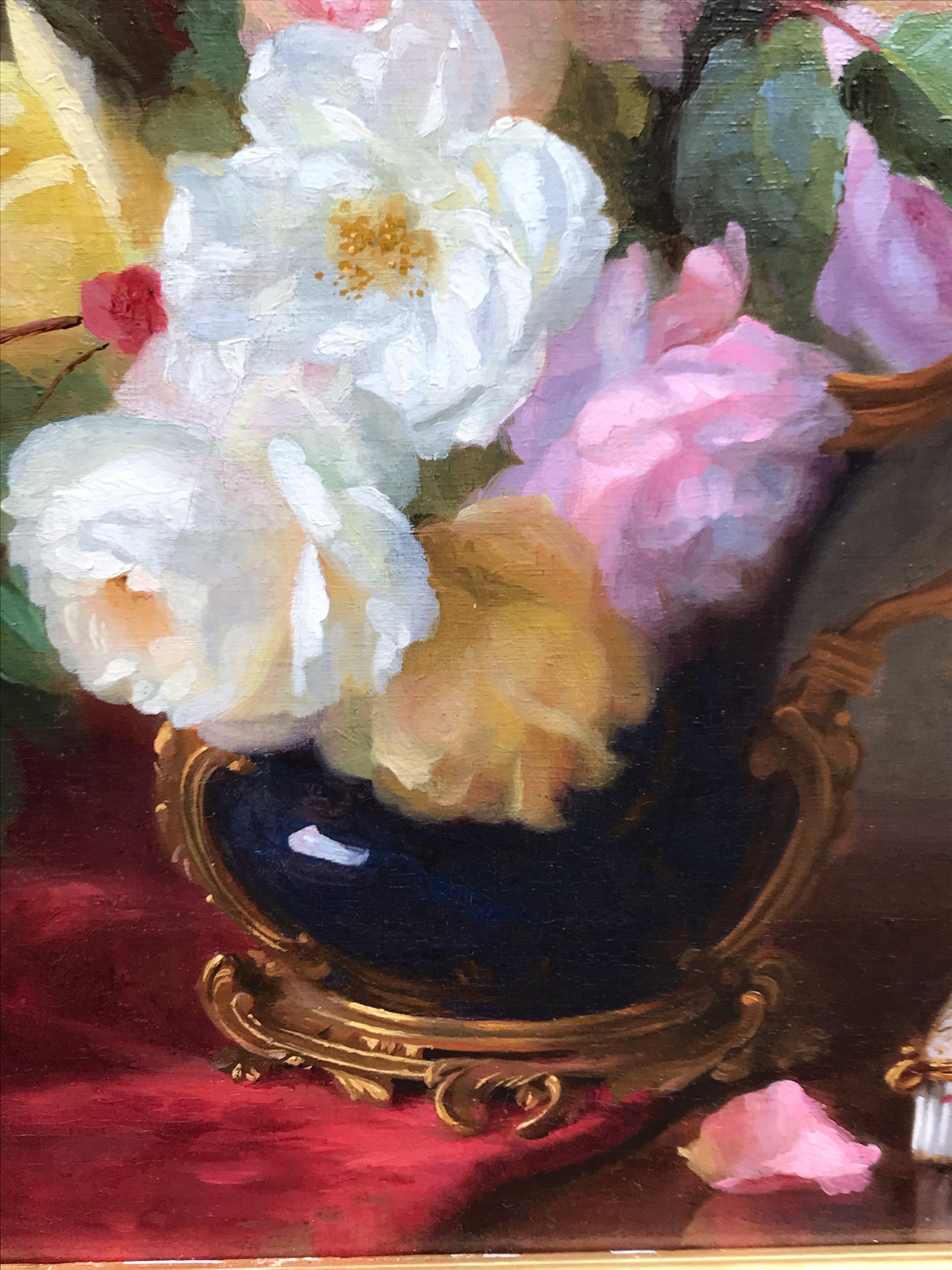Still-Life With Roses and China Jewel Box - Brown Still-Life Painting by Hortense DURY VASSELON