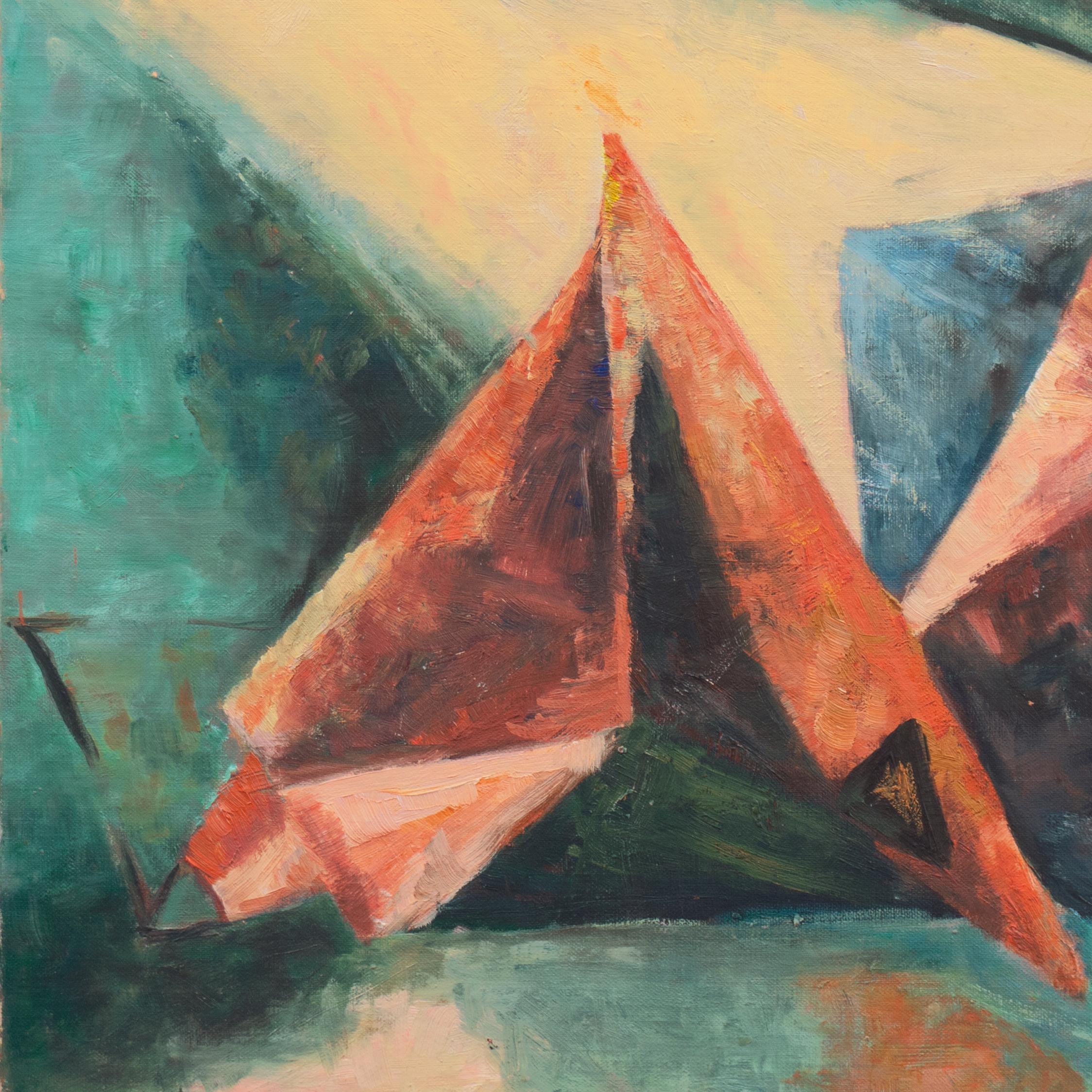 'Abstract in Coral and Jade', Painters Eleven, Ontario, Canadian Modernist Oil - Gray Abstract Painting by Hortense Mattice Gordon