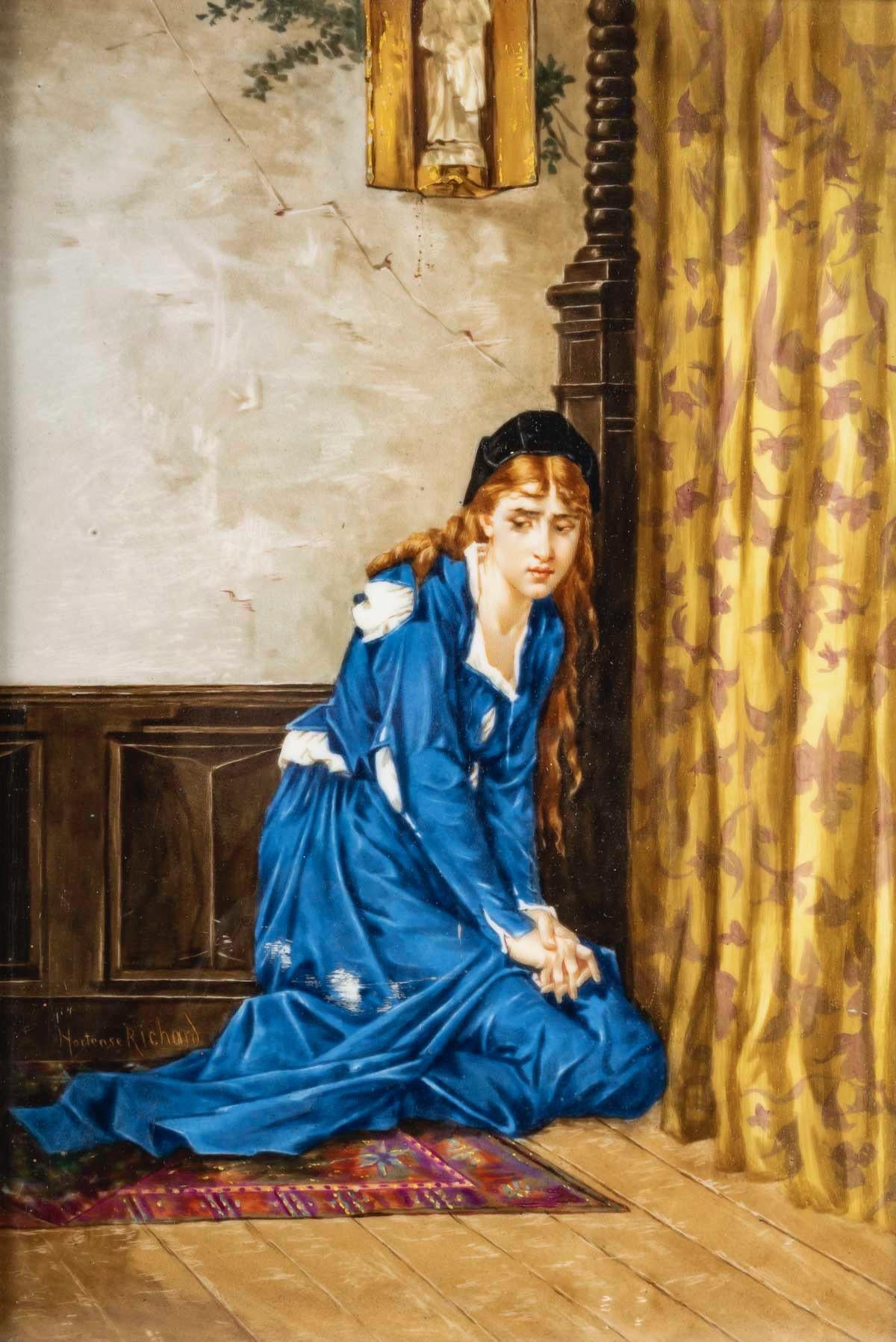 Esposizione Universale Pittura su targa del pittore A. Bertrand

Quadro dipinto a mano in policromia su placca di porcellana 
Rappresentare la Margherita di Faust 
Firmato in basso a sinistra
Titolato sul retro:

