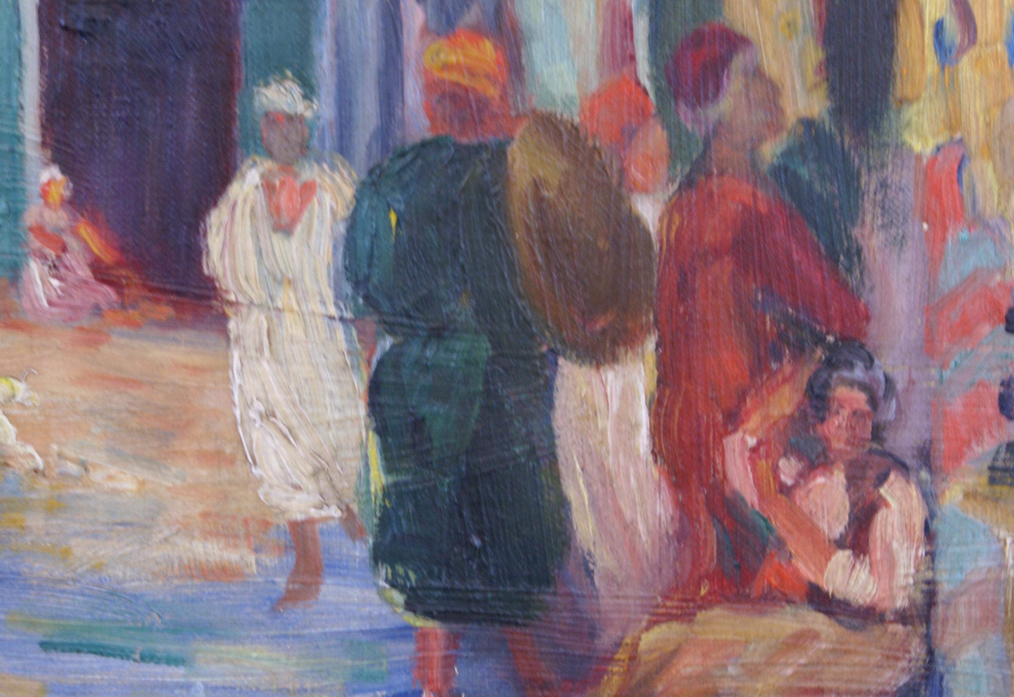 Farbenprächtiges Gemälde eines marokkanischen Souks. Öl auf Leinwand mit den Maßen 21 1/2 x 18; die Maße des Rahmens betragen 27 x 23 1/2 x 2. Signatur des Künstlers, unten rechts. Untergebracht in einem Rahmen im mediterranen Stil mit einer inneren