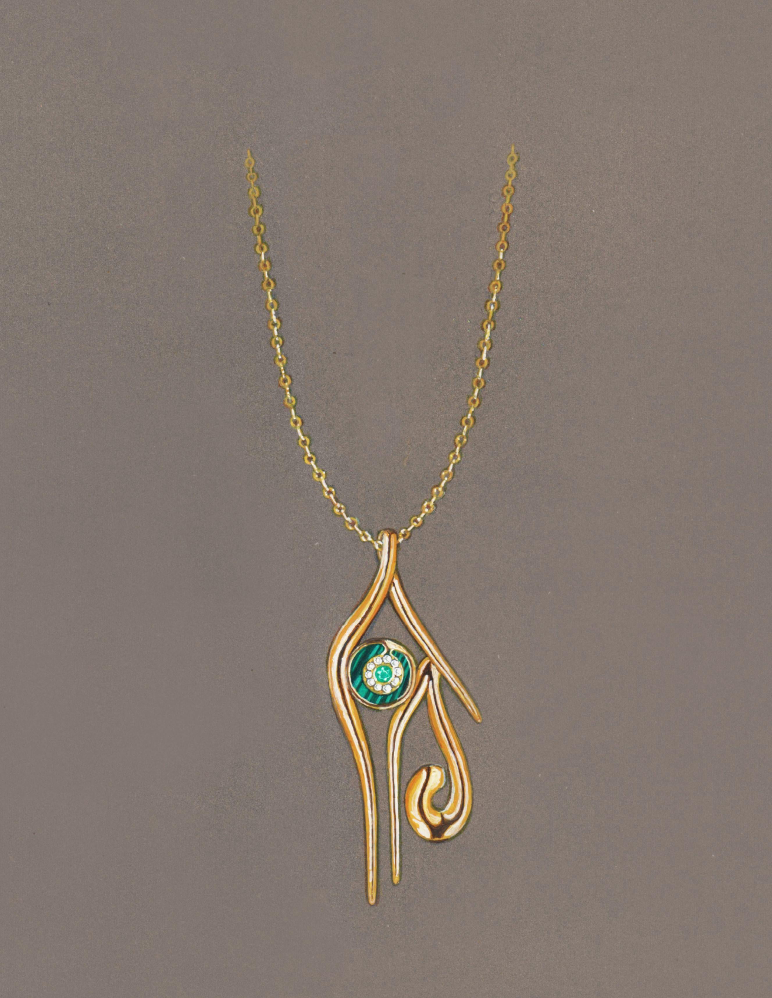 Round Cut Horus Pendant in 18k Gold with Emerald & Diamonds For Sale