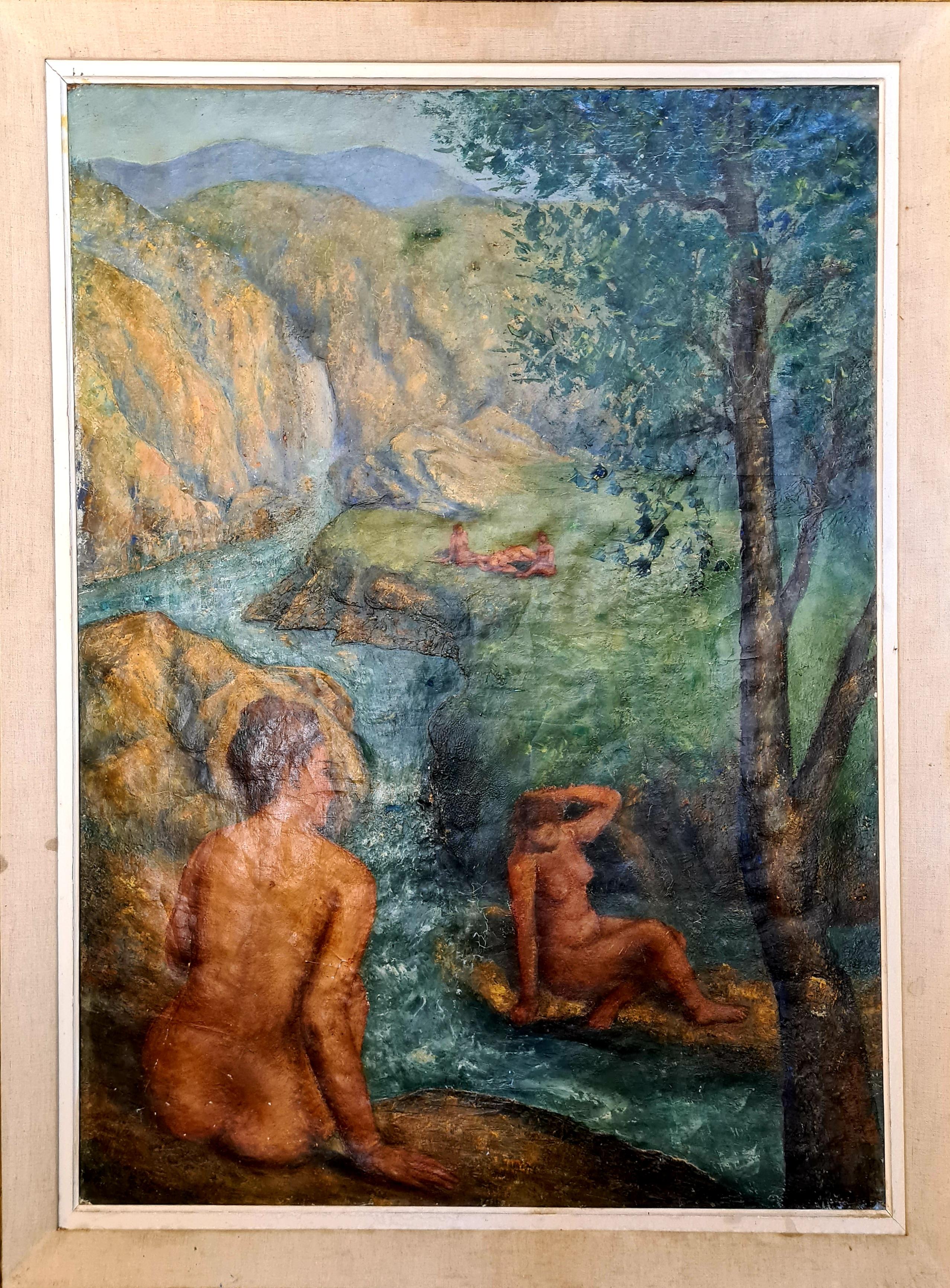 Hoshizaki Kōnosuke Landscape Painting - The Nude Female Bathers, Mid-20th Century Impasto Oil on Canvas, Framed 星崎孝之助