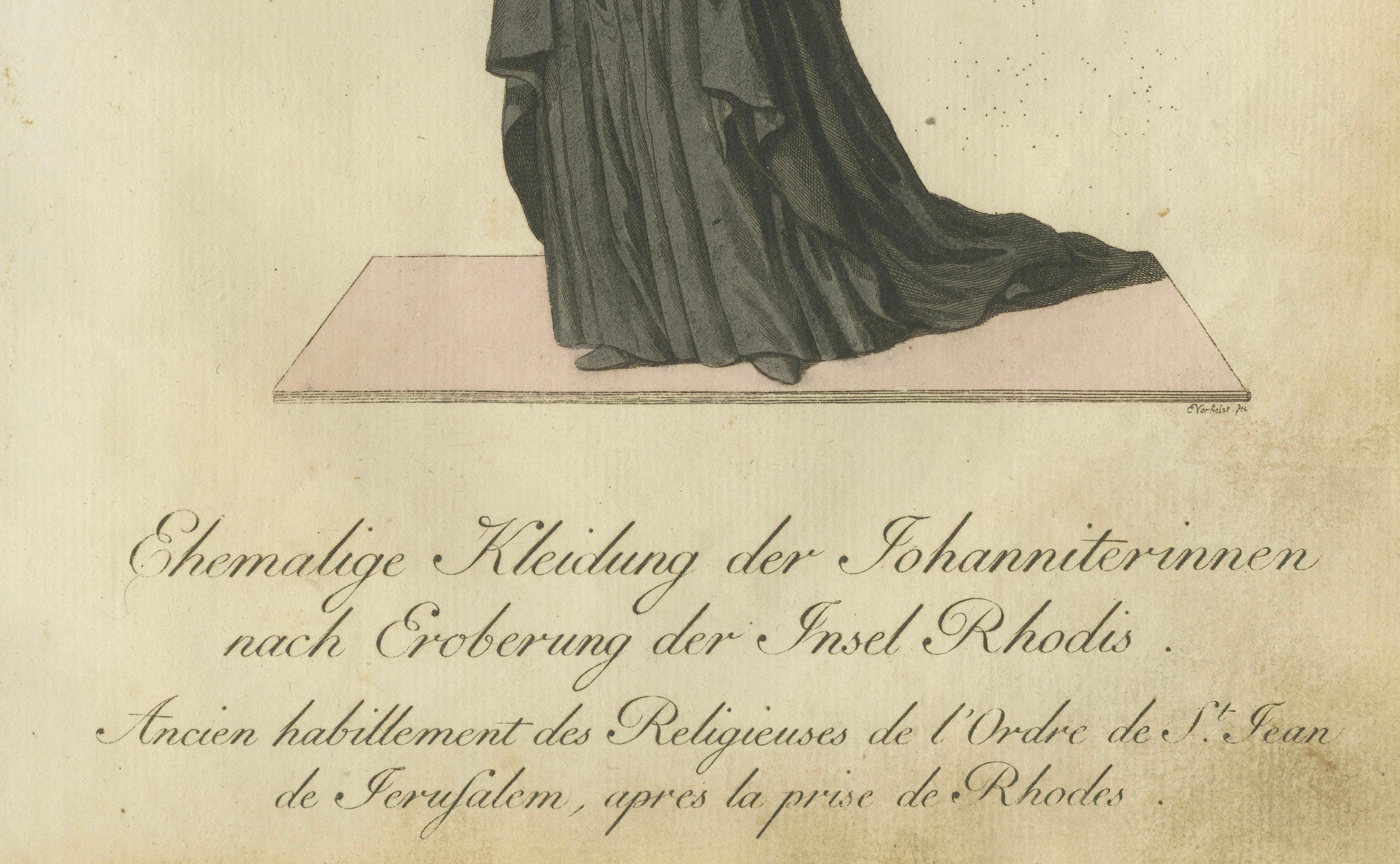 Monja Hospitalaria con atuendo de Post-Rodas: Grabado coloreado a mano de 1791  

Este elegante grabado coloreado a mano, titulado 