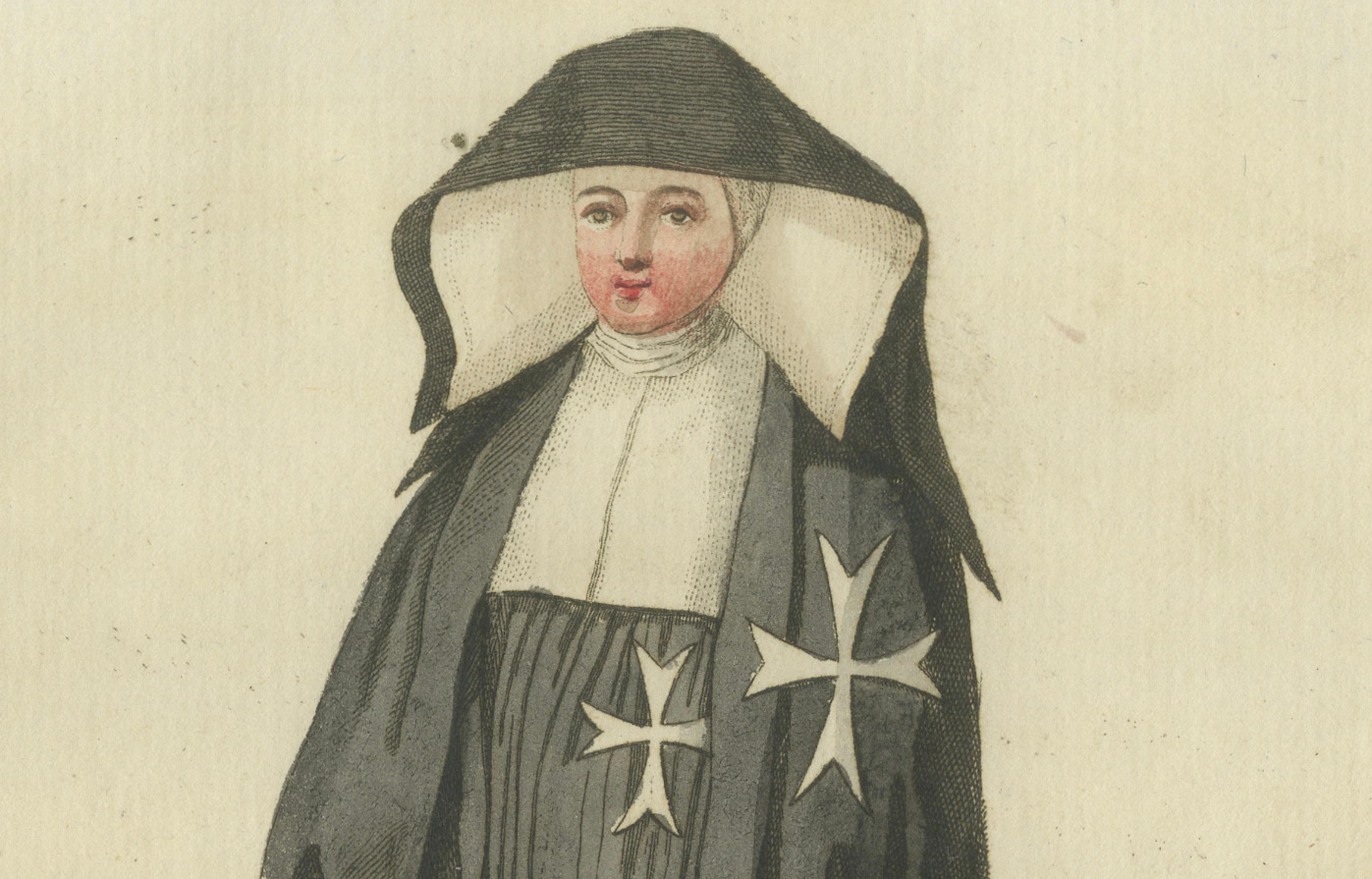 Monja Hospitalaria con atuendo de Post-Rodas: Grabado coloreado a mano de 1791 en Bueno estado para la venta en Langweer, NL