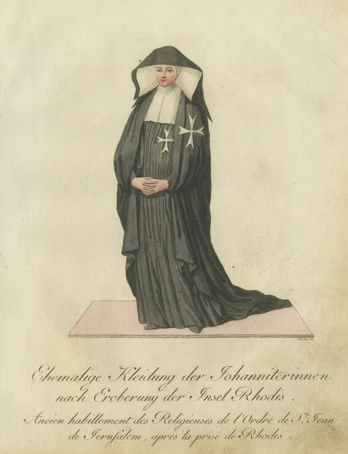 Monja Hospitalaria con atuendo de Post-Rodas: Grabado coloreado a mano de 1791 finales del siglo XVIII en venta