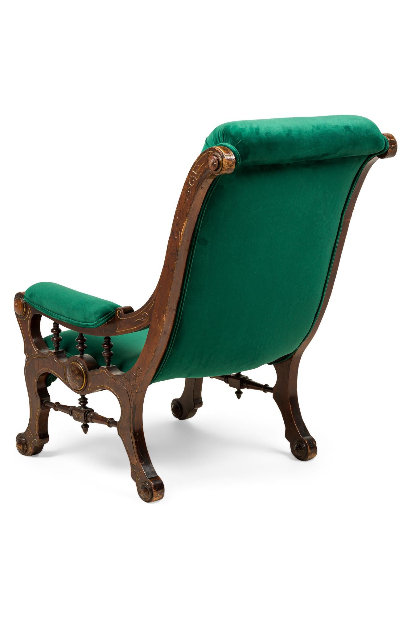 Fauteuil à dossier traîne en noyer tapissé Eastlake de style victorien américain Hostatter Bon état - En vente à Queens, NY