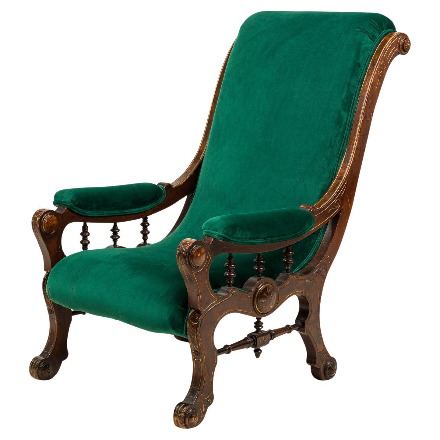 Hostatter American Victorian Eastlake Upholstered Walnut Sleigh Back Armchair