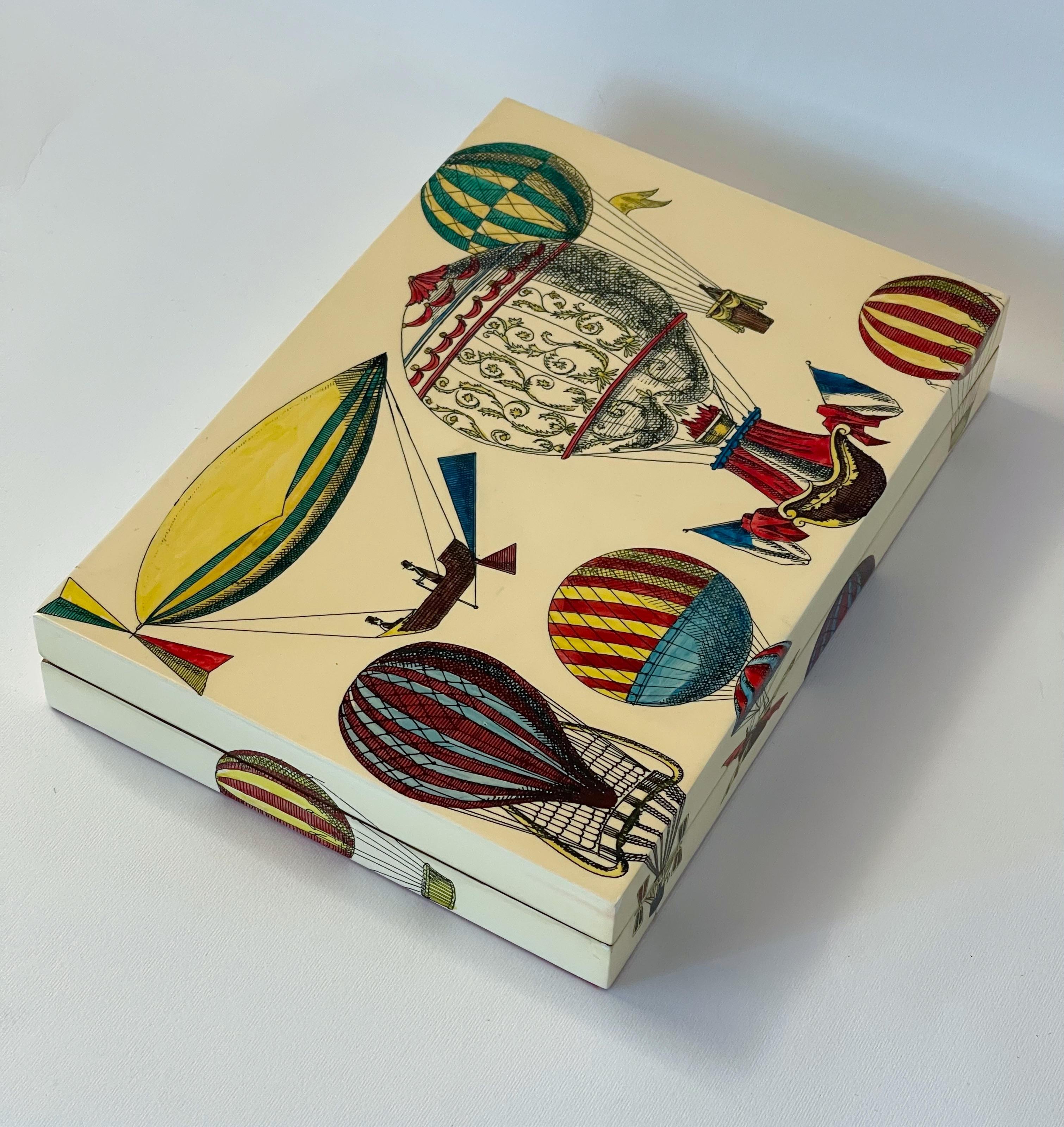 Vintage decorative rectangular lacquered walnut wood box with hot air balloon motif / designed by Piero Fornasetti, made in Italy in the 1970s
Original sticker at the base
Length: 11 inches / Width: 8 inches / Height: 2 inches
1 available in stock