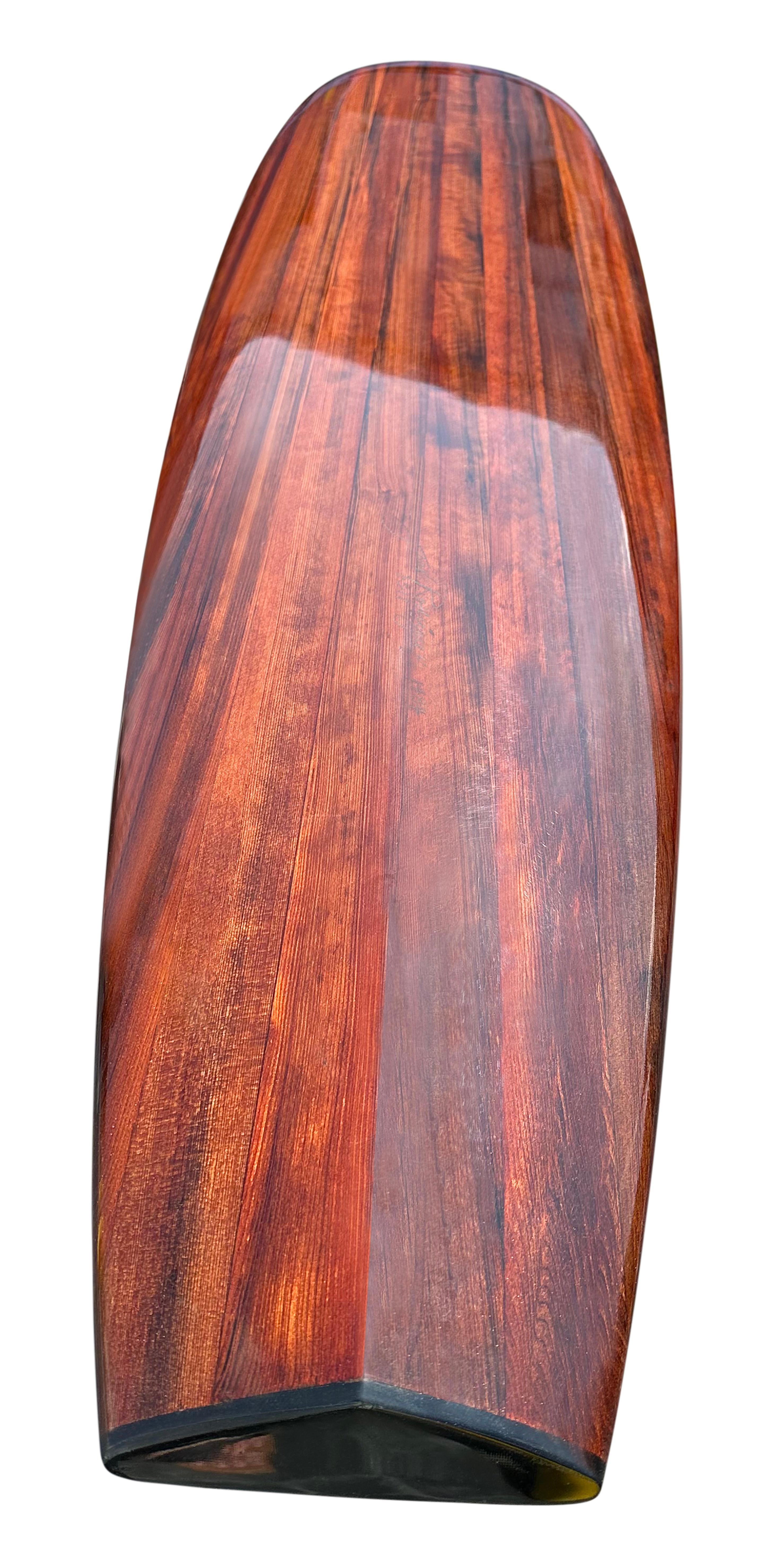 Hot Curl wooden surfboard made in 2017 by Juan Rodriguez. Features the iconic hot curl design invented by the late John Kelly (1919-2010), renowned big wave surfing pioneer. The hot curl shape was the first generation big wave surfboard design,