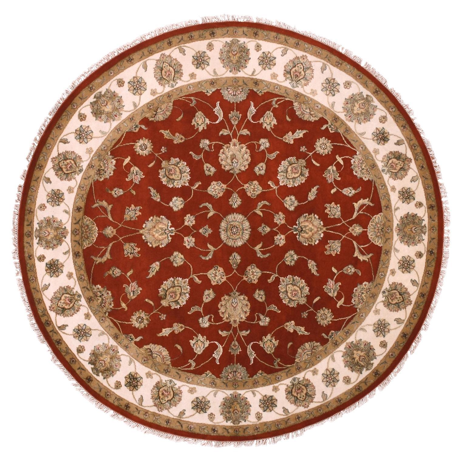 Tappeto rotondo annodato a mano in lana e seta, rosso fuoco, Rajasthan, 8'1" x 8'2".