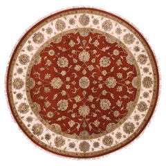 Hot Ember Red Rajasthan Design Wool and Silk Hand Knotted Round Rug 8'1" x 8'2"