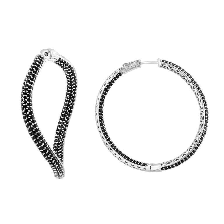 Round Cut Hot Fashionable 1.8 Inch  Inside Out Hoops in Sterling Silver & Black Onyx For Sale