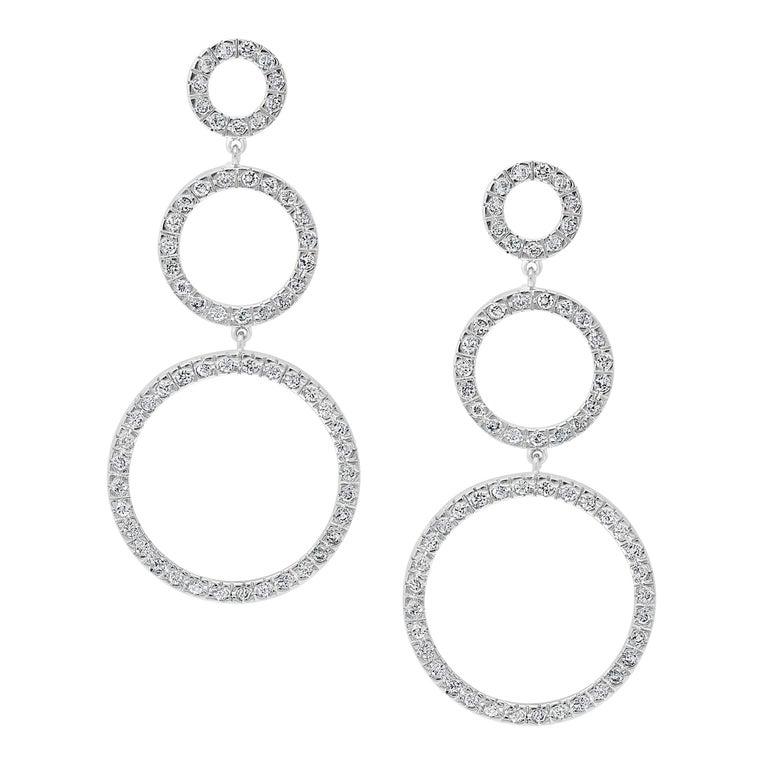 Round Cut Hot Fashionable  Long  Dangling Three Circle Sterling Silver Earrings For Sale