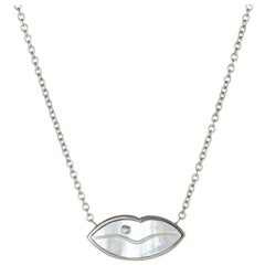 Hot Lips Necklace Diamond Mother of Pearl Estate 18 Karat White Gold Chain