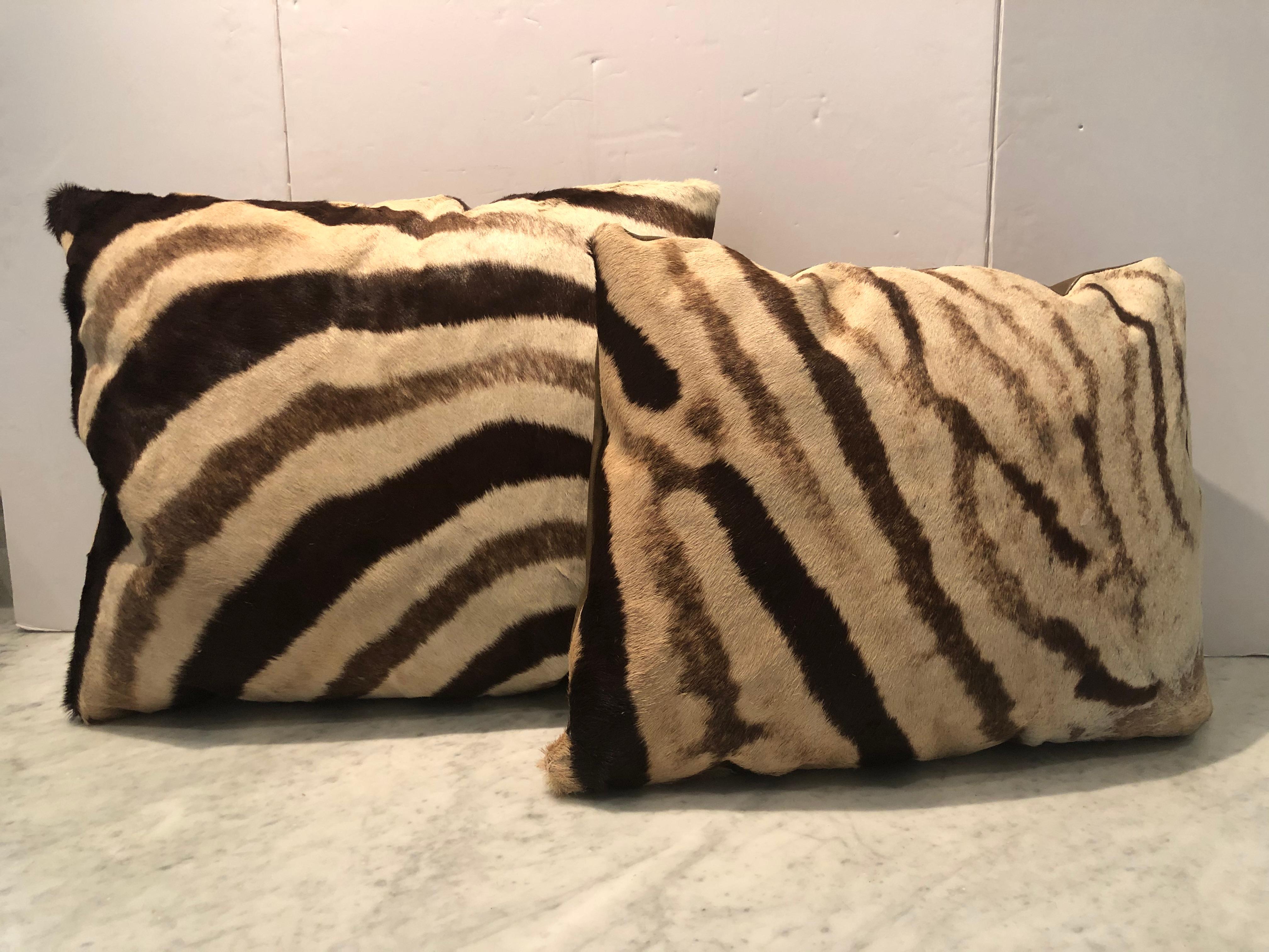 South African Hot Pair of Custom Vintage Burchell Zebra Hide Pillows