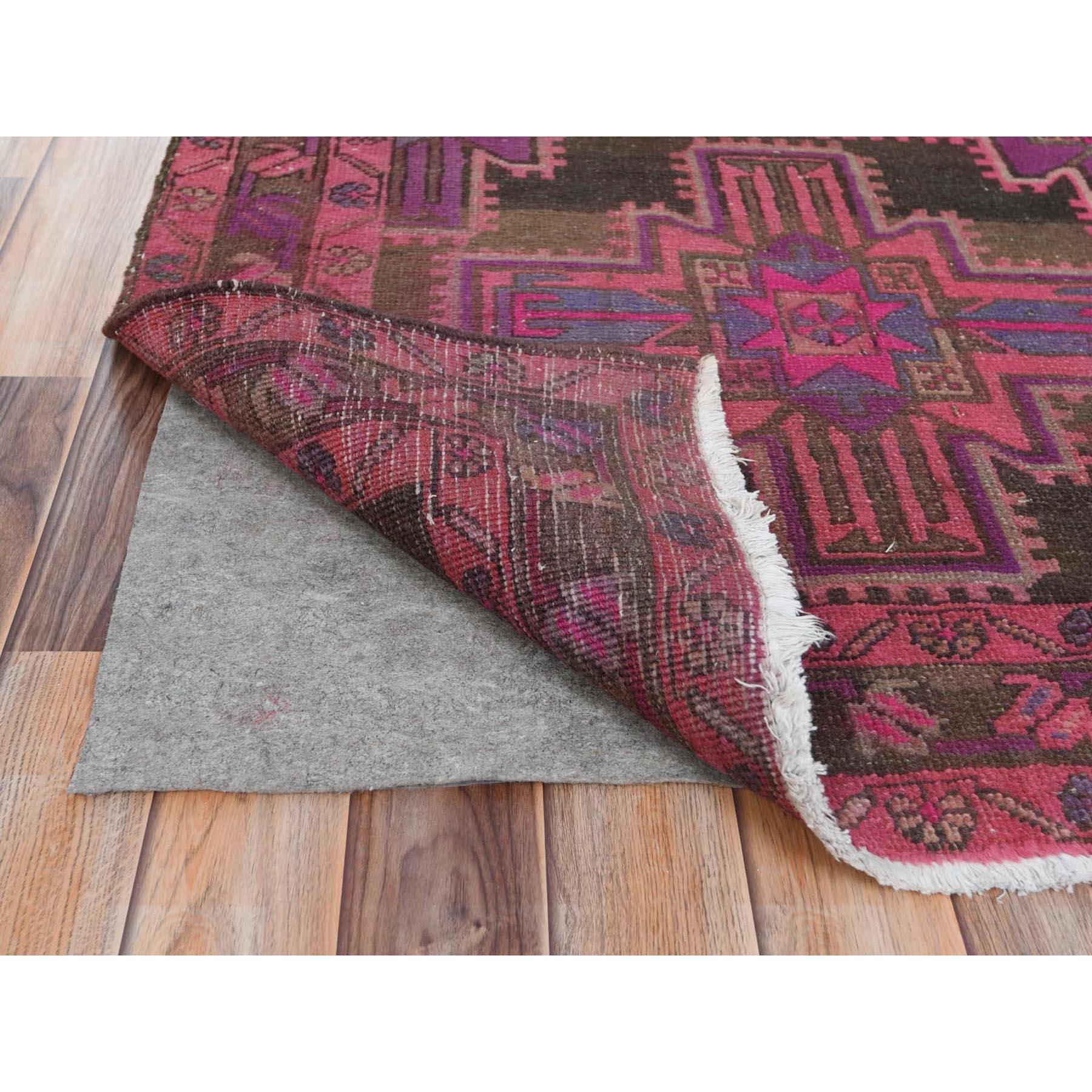 Medieval Hot Pink and Purple, Hand Knotted Vintage Persian Hamadan, Distressed Wool Rug For Sale
