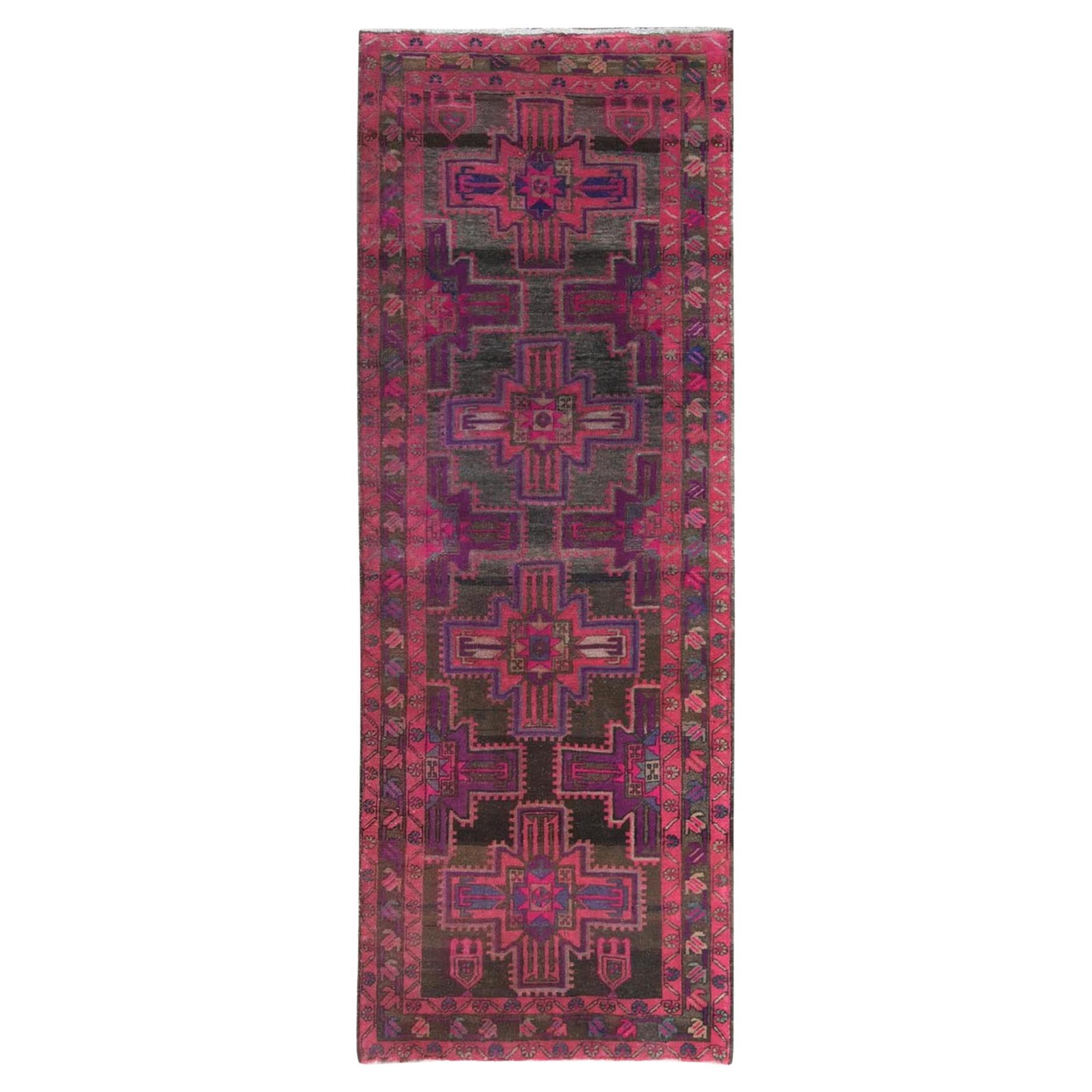Hot Pink and Purple, Hand Knotted Vintage Persian Hamadan, Distressed Wool Rug