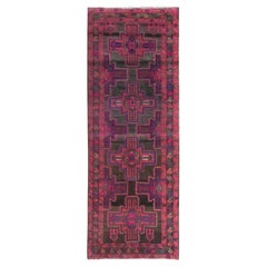 Hot Pink and Purple, Hand Knotted Retro Persian Hamadan, Distressed Wool Rug