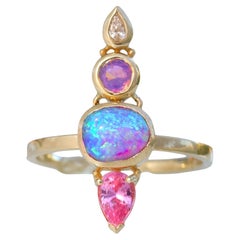 Hot Pink Blue Fire Australian Opal Ring with Sapphire, Pink Sapphire & Diamond 1