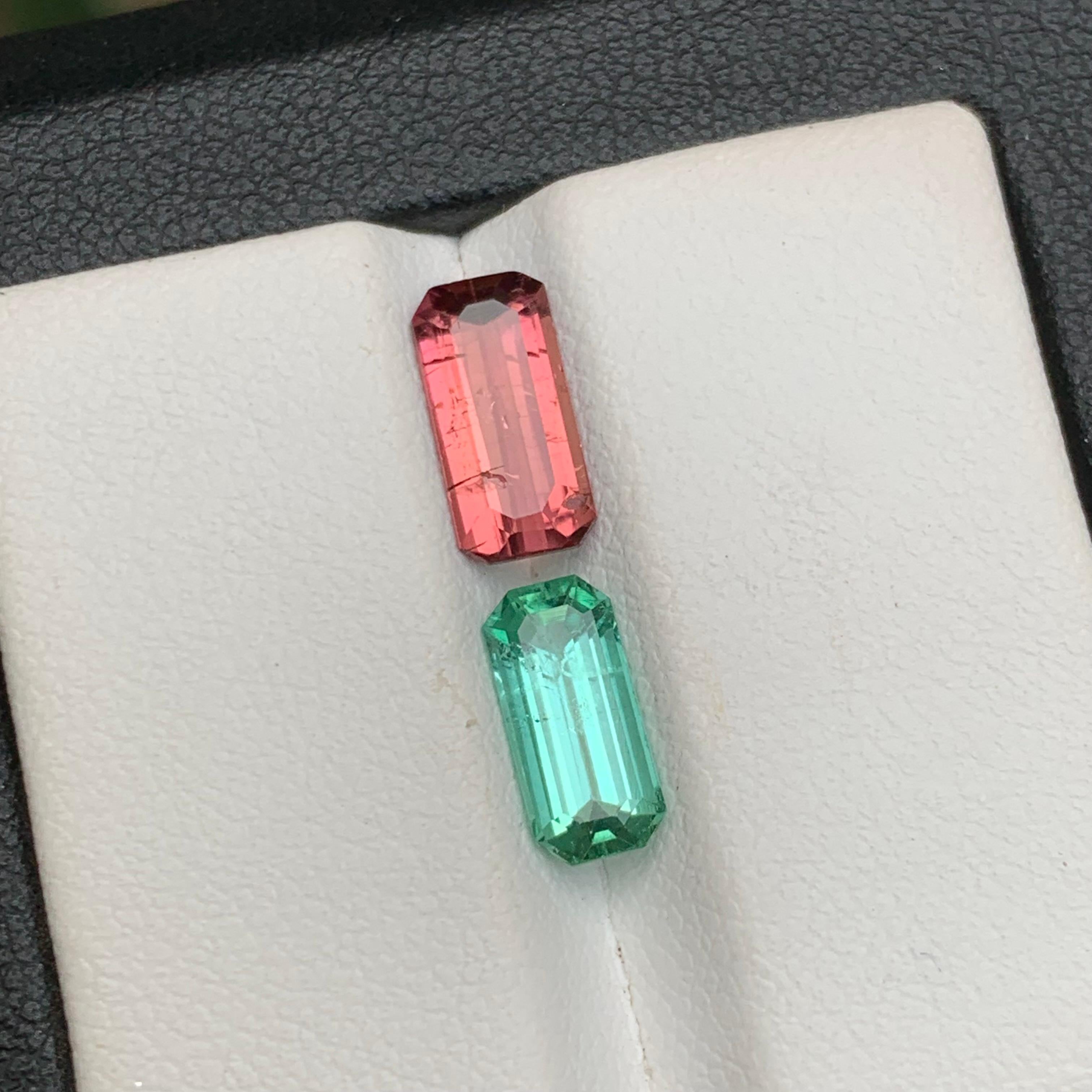 Tourmaline naturelle rose vif et vert bleuté taille émeraude 2,90 carats en vente 1