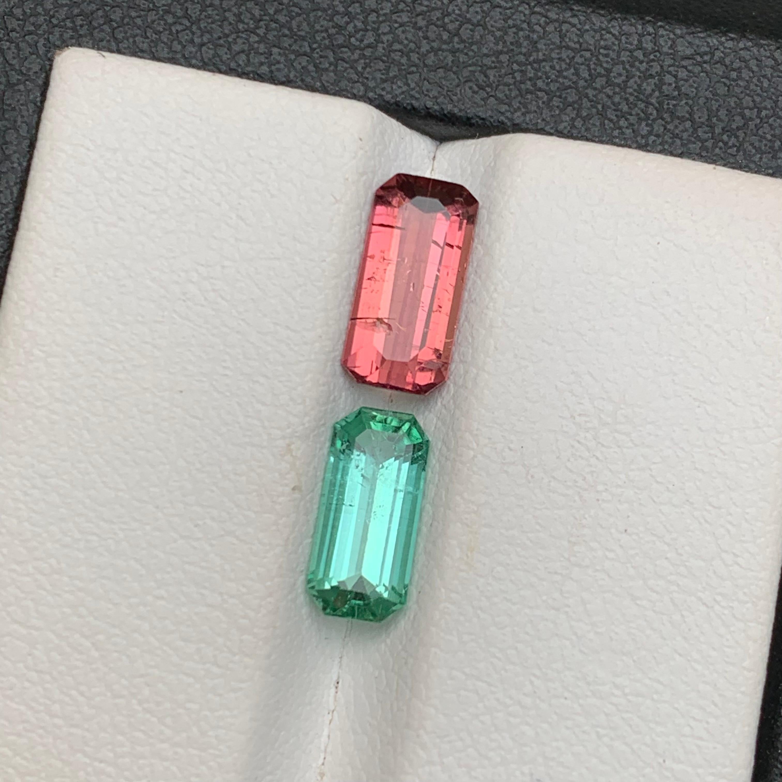 Tourmaline naturelle rose vif et vert bleuté taille émeraude 2,90 carats en vente 2