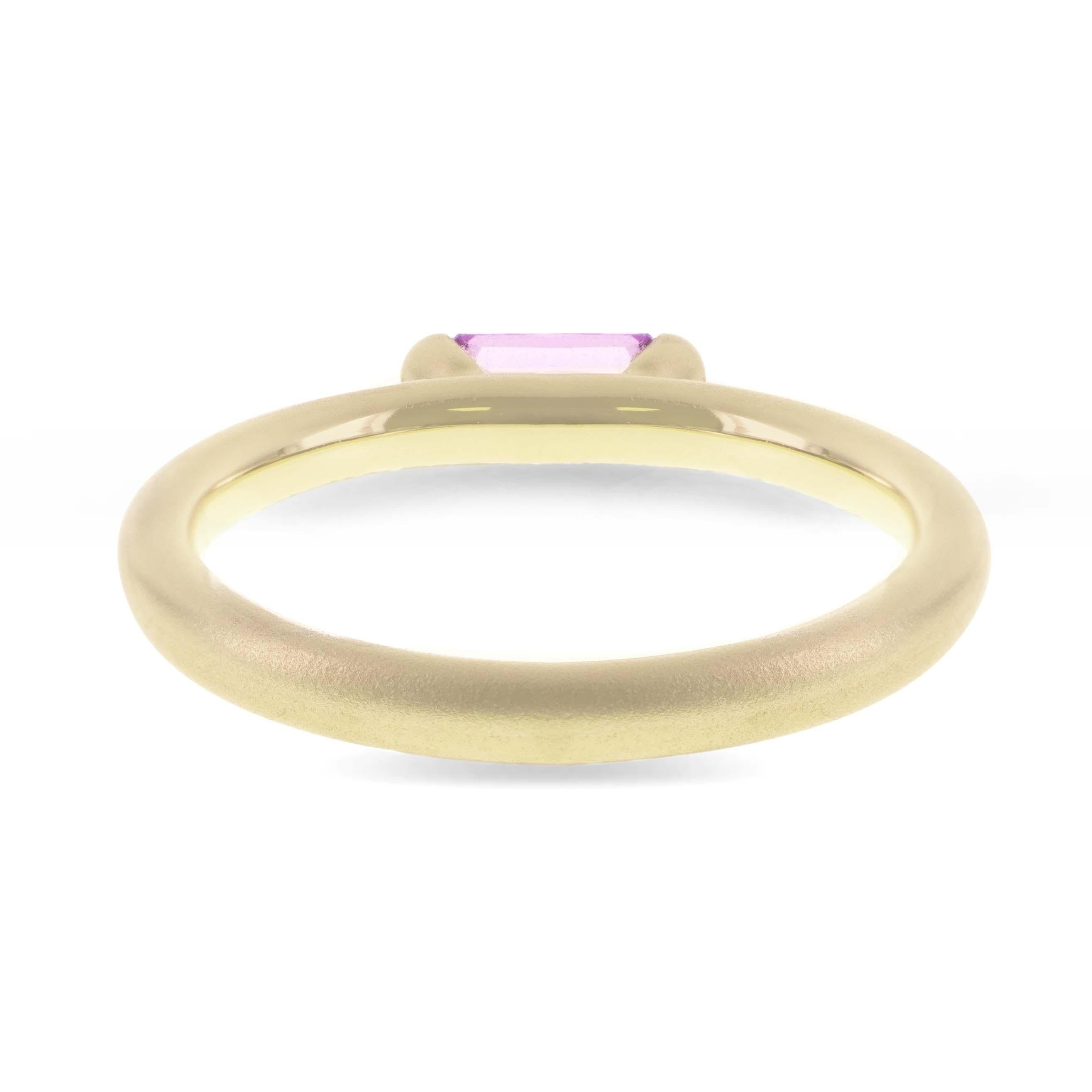 Art Nouveau Hot Pink Emerald Cut Natural Sapphire 18K Italian Finish Gold Solitaire Ring For Sale