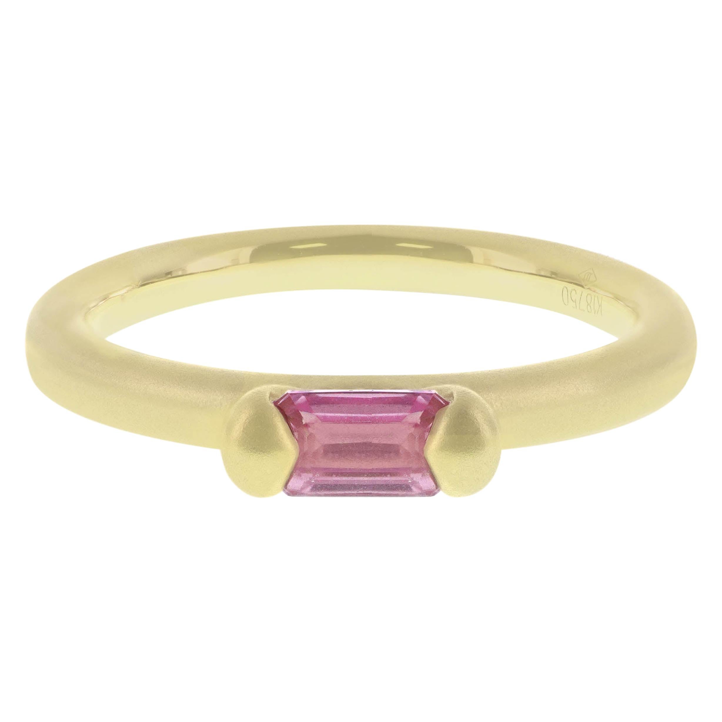 Hot Pink Emerald Cut Natural Sapphire 18K Italian Finish Gold Solitaire Ring For Sale