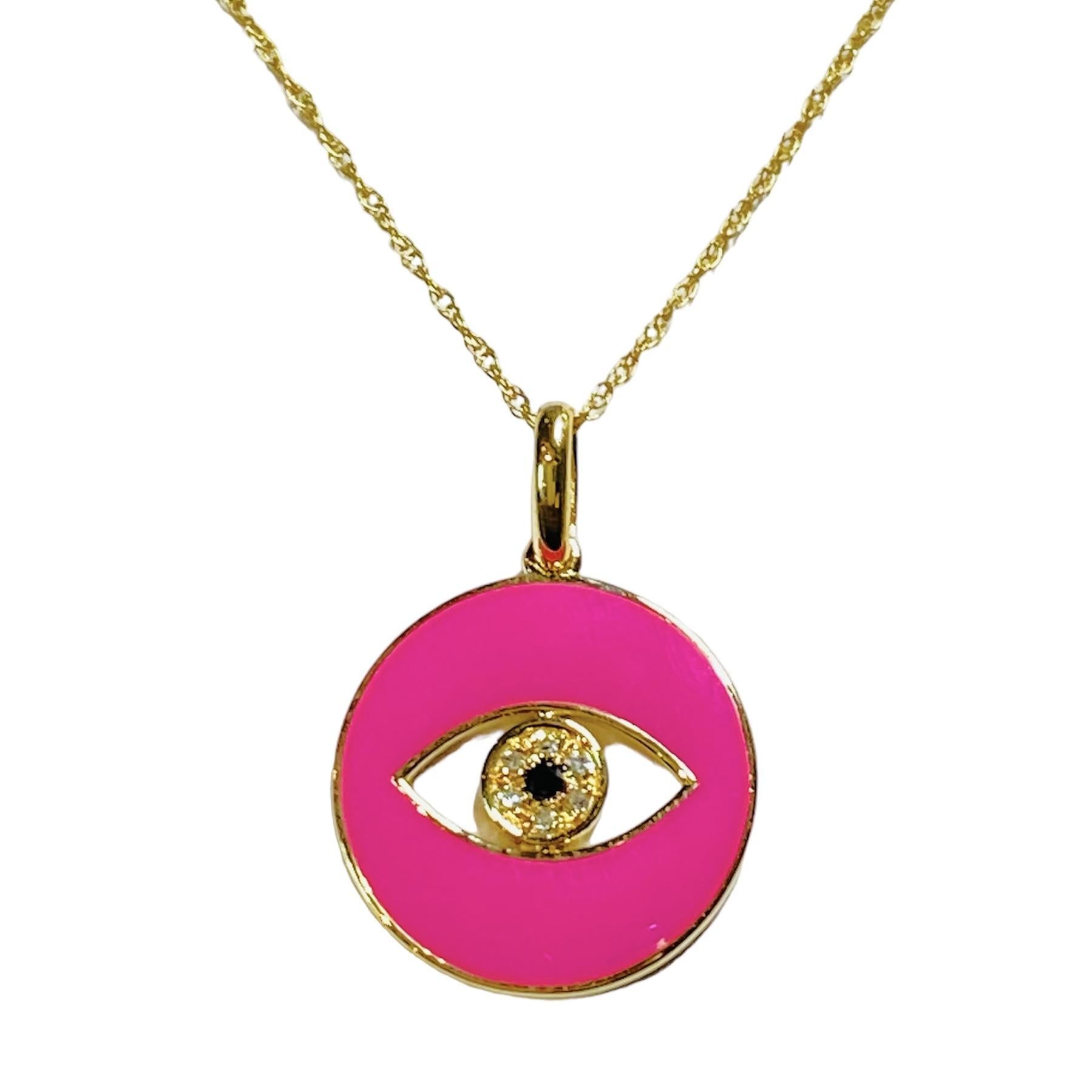 Solid 14K Yellow Gold Evil Eye Diamond Necklace 
Fall in love with this Hot Pink Enamel Evil Eye high-polish pendant with natural diamonds.
The Evil Eye is an symbol of spiritual protection and good health. 

14K Yellow Gold 


Hot Pink 
0.05 total