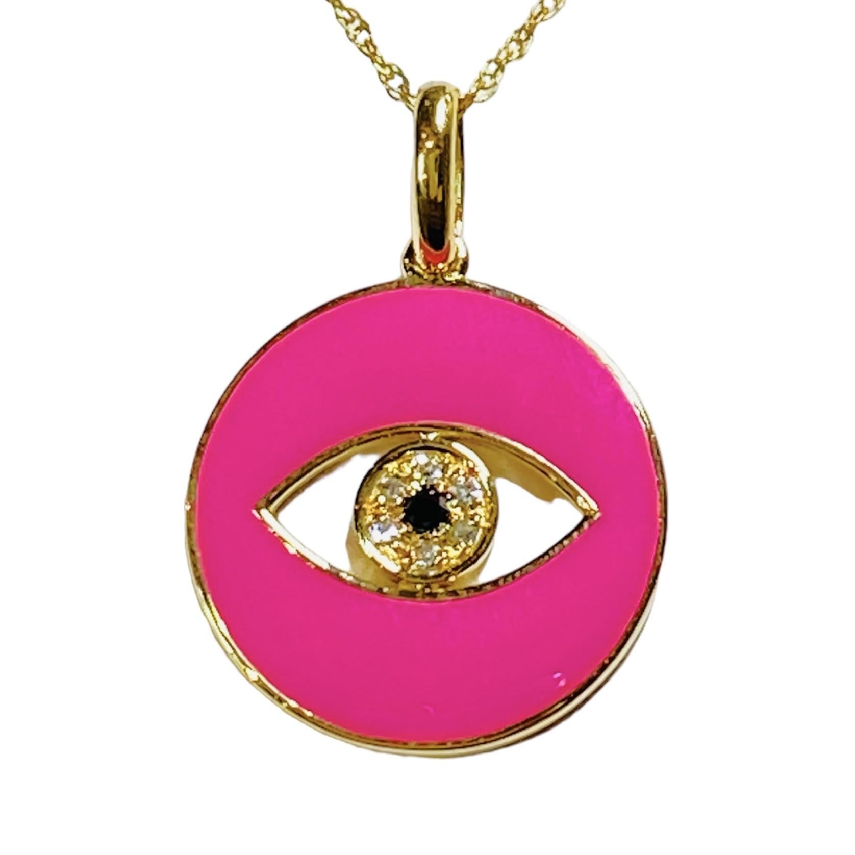 Round Cut Hot Pink Enamel Eye Of God Natural Diamond Necklace in 14k Yellow Gold For Sale