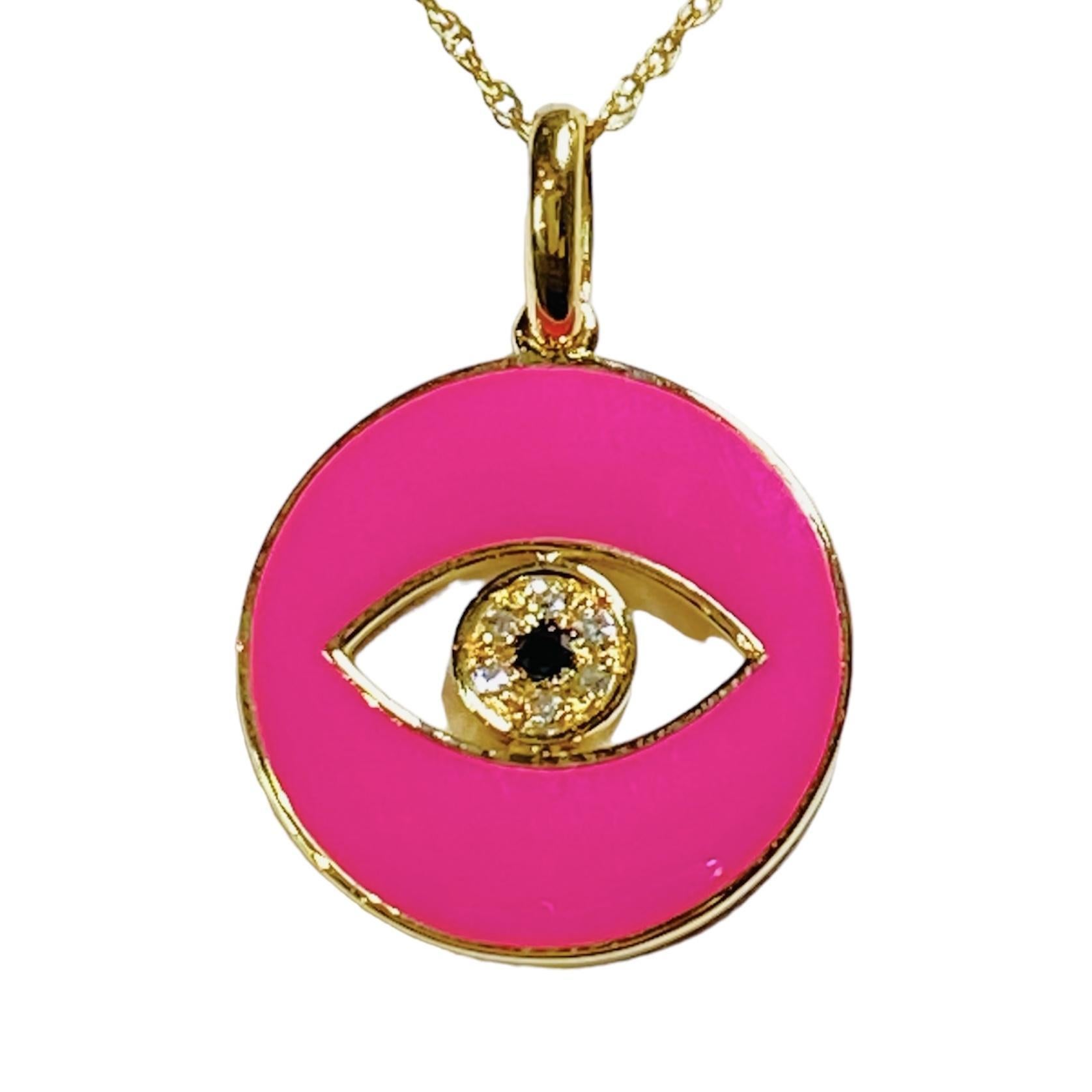 Round Cut Hot Pink Enamel Eye Of God Natural Diamond Necklace in 14k Yellow Gold