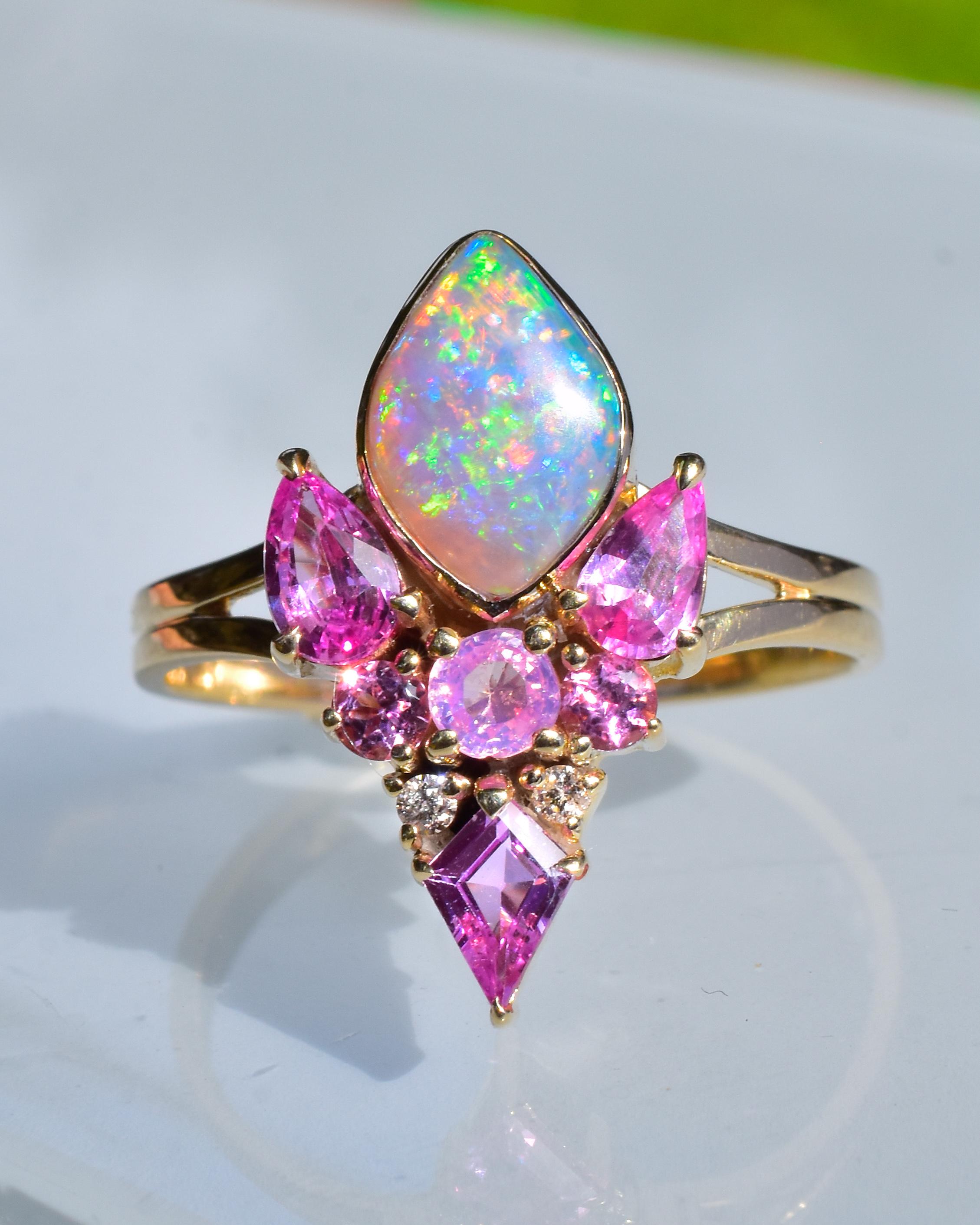 Hot Pink Fiery Rainbow Australian Opal, Fuchsia Sapphire, Opalescent Sapphire, and Diamond Butterfly Fae Ring made in solid 14k yellow gold. 22mm in length.
 

 I just love how this fiery Australian opal ring came out! The Butterfly Fae Ring is a
