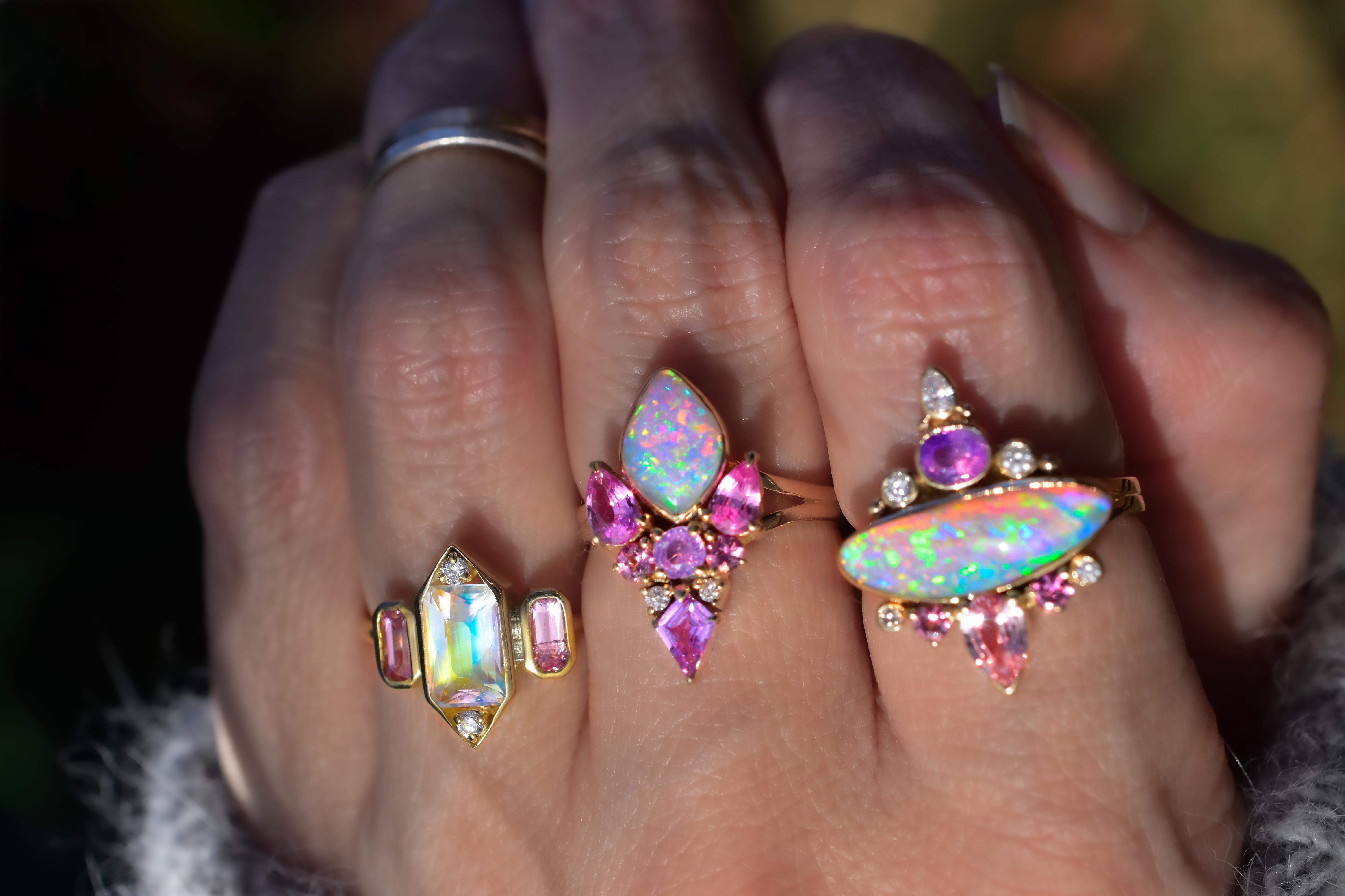 Artisan Hot Pink Fiery Rainbow Australian Opal Butterfly Ring with Fuchsia Sapphire & Di