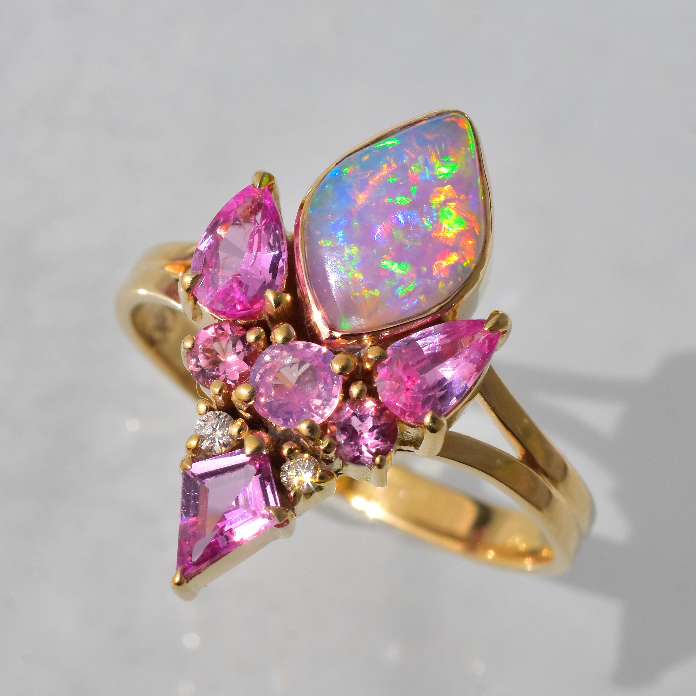 Hot Pink Fiery Rainbow Australian Opal Butterfly Ring with Fuchsia Sapphire & Di In New Condition In Kula, HI