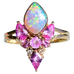 Hot Pink Fiery Rainbow Australian Opal Butterfly Ring with Fuchsia Sapphire & Di