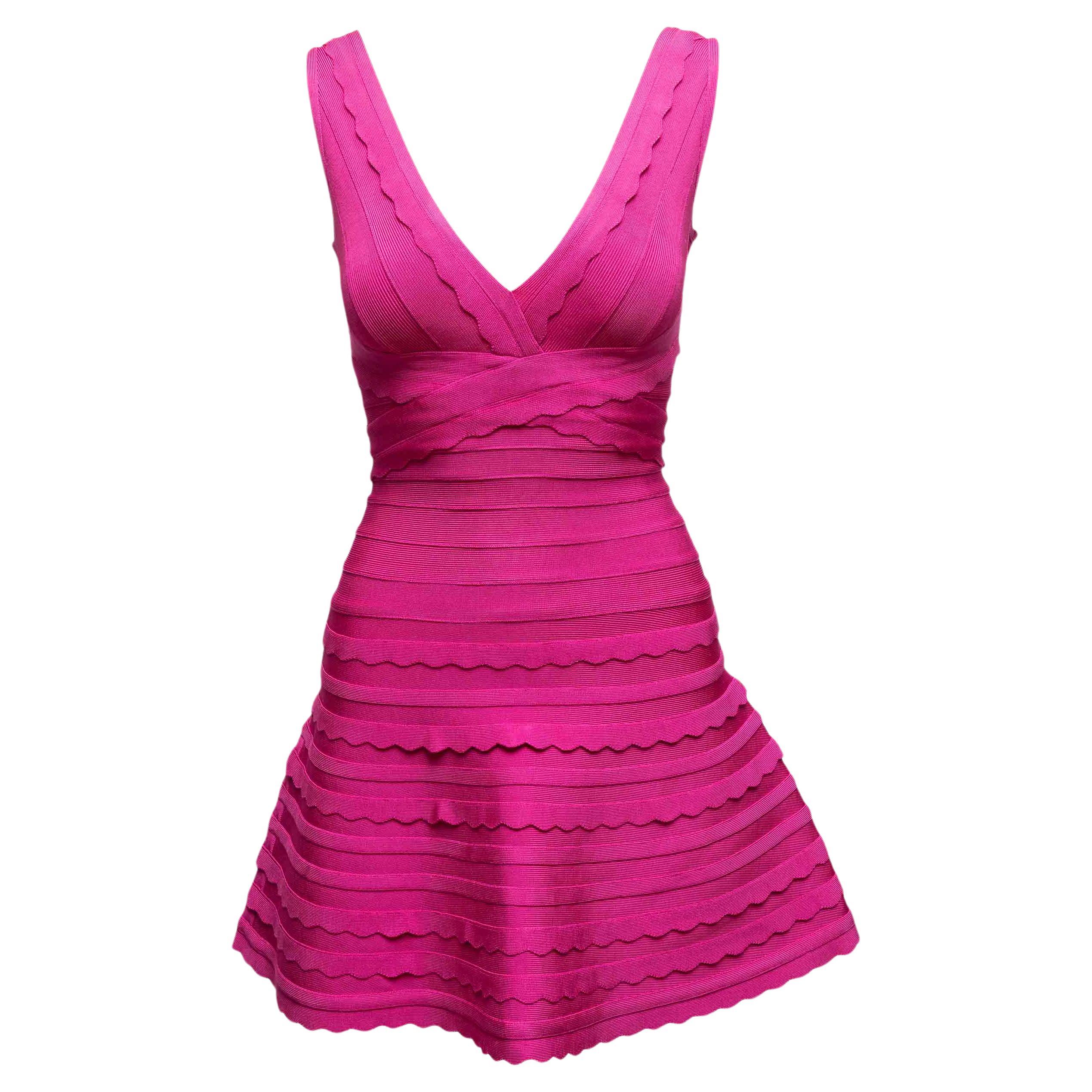 Mini abito senza maniche Herve Leger rosa caldo con linea ad A taglia US XS in vendita