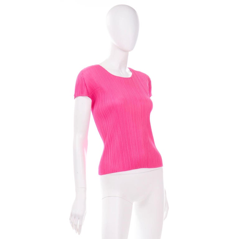Hot Pink Issey Miyake Pleats Please Short Sleeve Pleated Top In Excellent Condition For Sale In Portland, OR