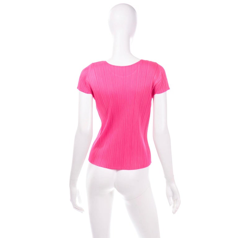 Hot Pink Issey Miyake Pleats Please Short Sleeve Pleated Top For Sale 1